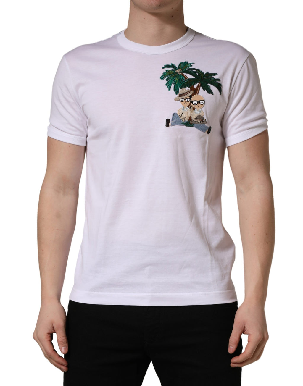 T-shirt blanc pour homme Dolce & Gabbana avec broderie de palmiers et col rond, style décontracté et élégant.