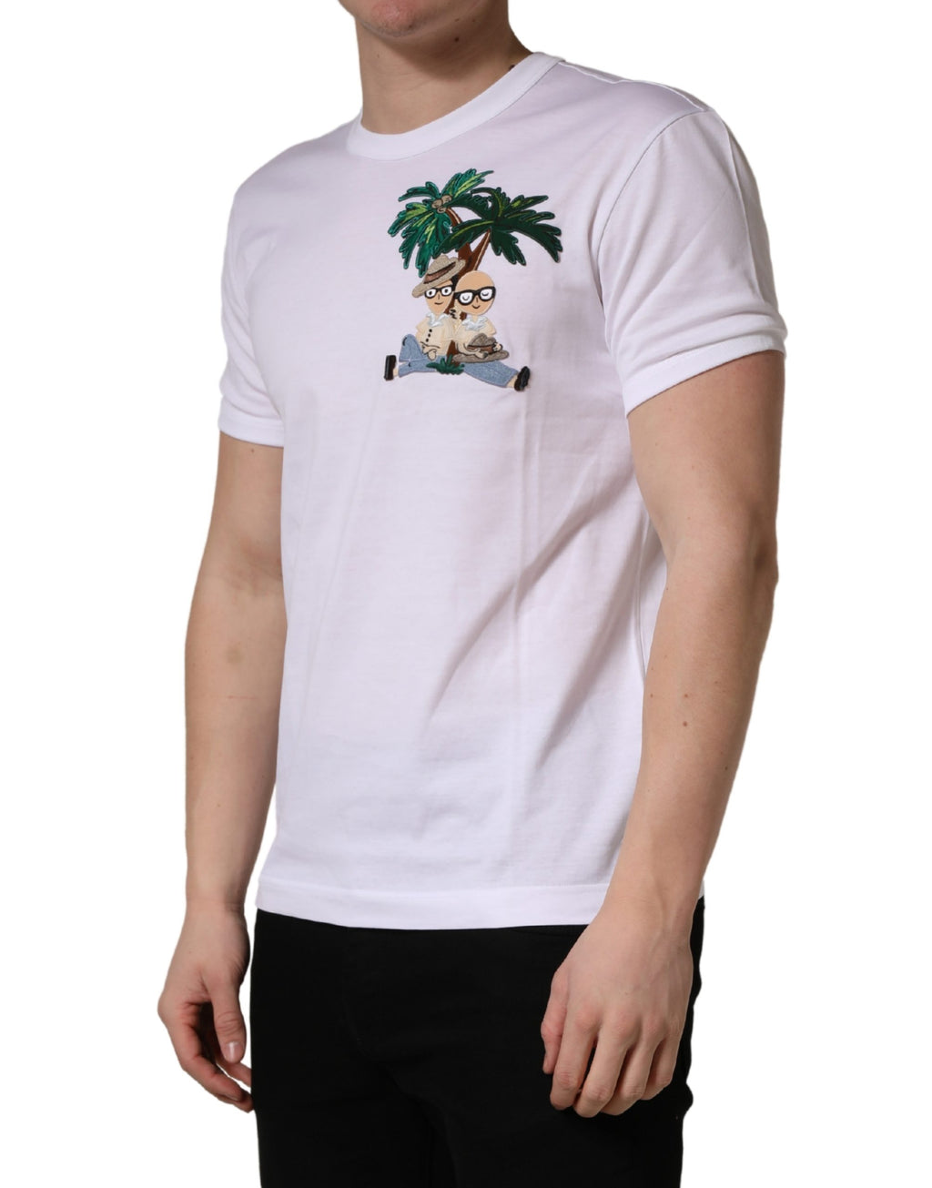 T-shirt homme blanc Dolce & Gabbana à manches courtes avec broderie motif palmier et col ras du cou.