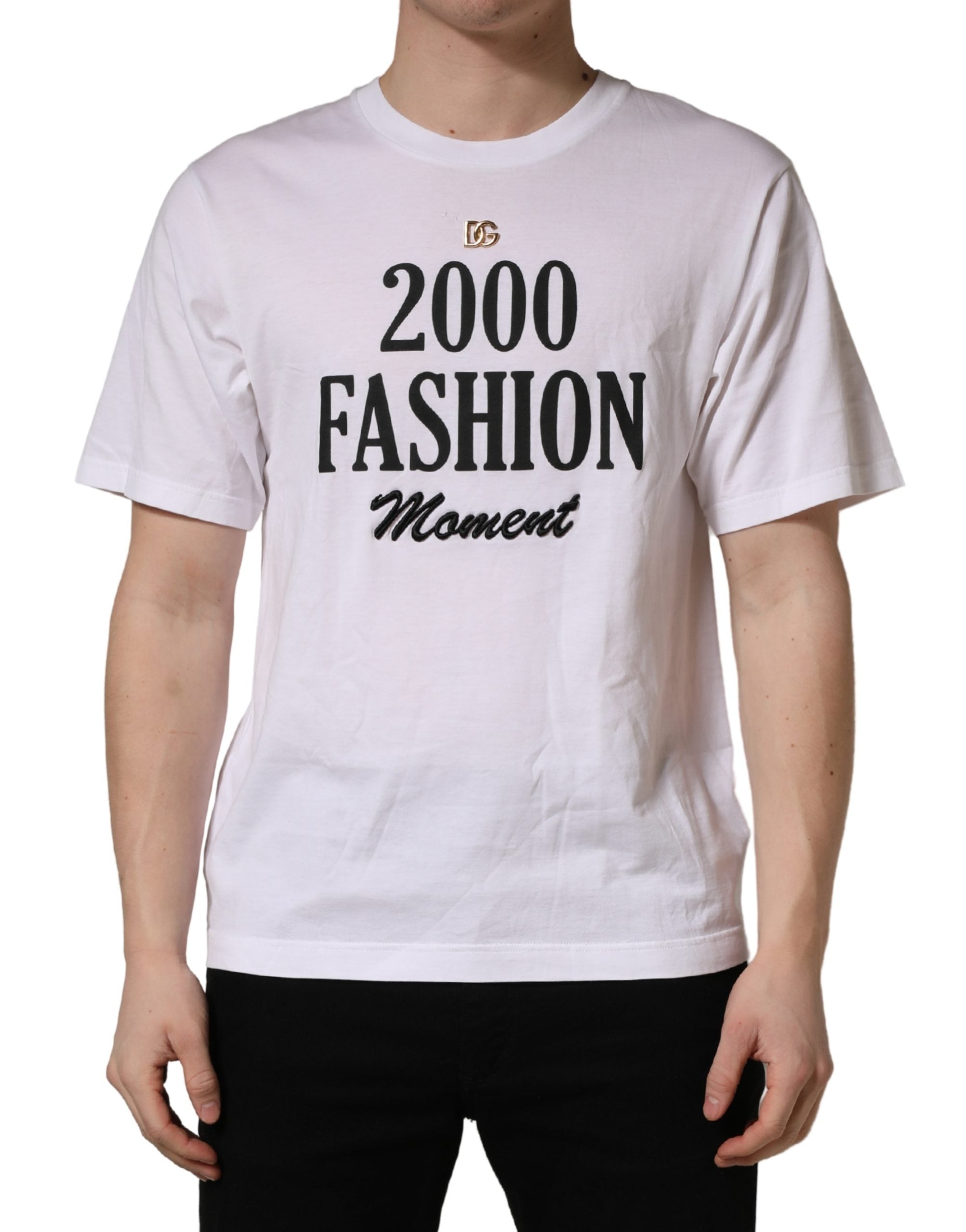T-shirt blanc Dolce & Gabbana pour homme avec motif graphique, col rond, style décontracté et logo visible sur le devant.