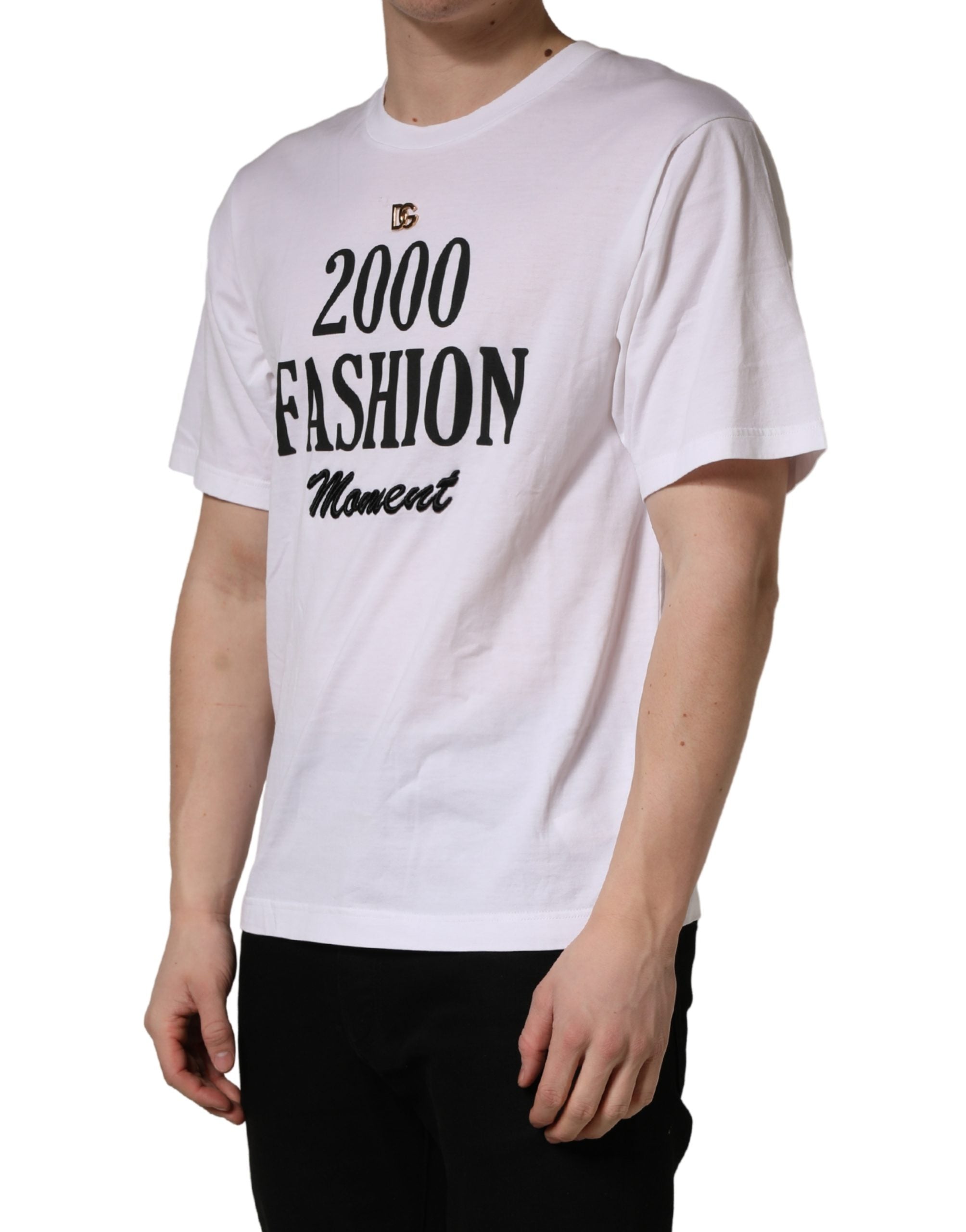 T-shirt blanc pour homme Dolce & Gabbana avec imprimé graphique DG, col rond, style décontracté et moderne.