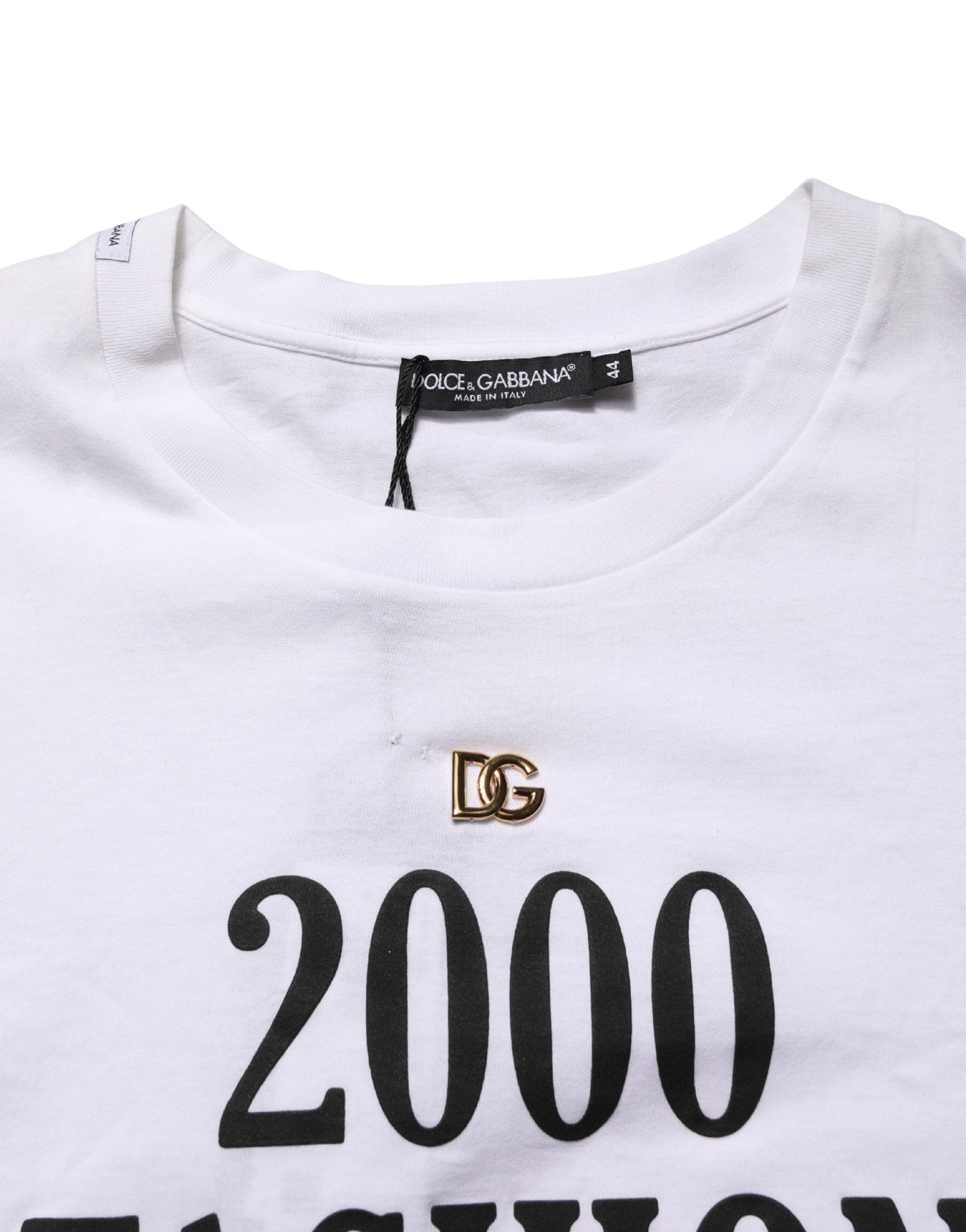 T-shirt blanc pour homme Dolce & Gabbana avec imprimé graphique DG, col rond, style décontracté et tendance.