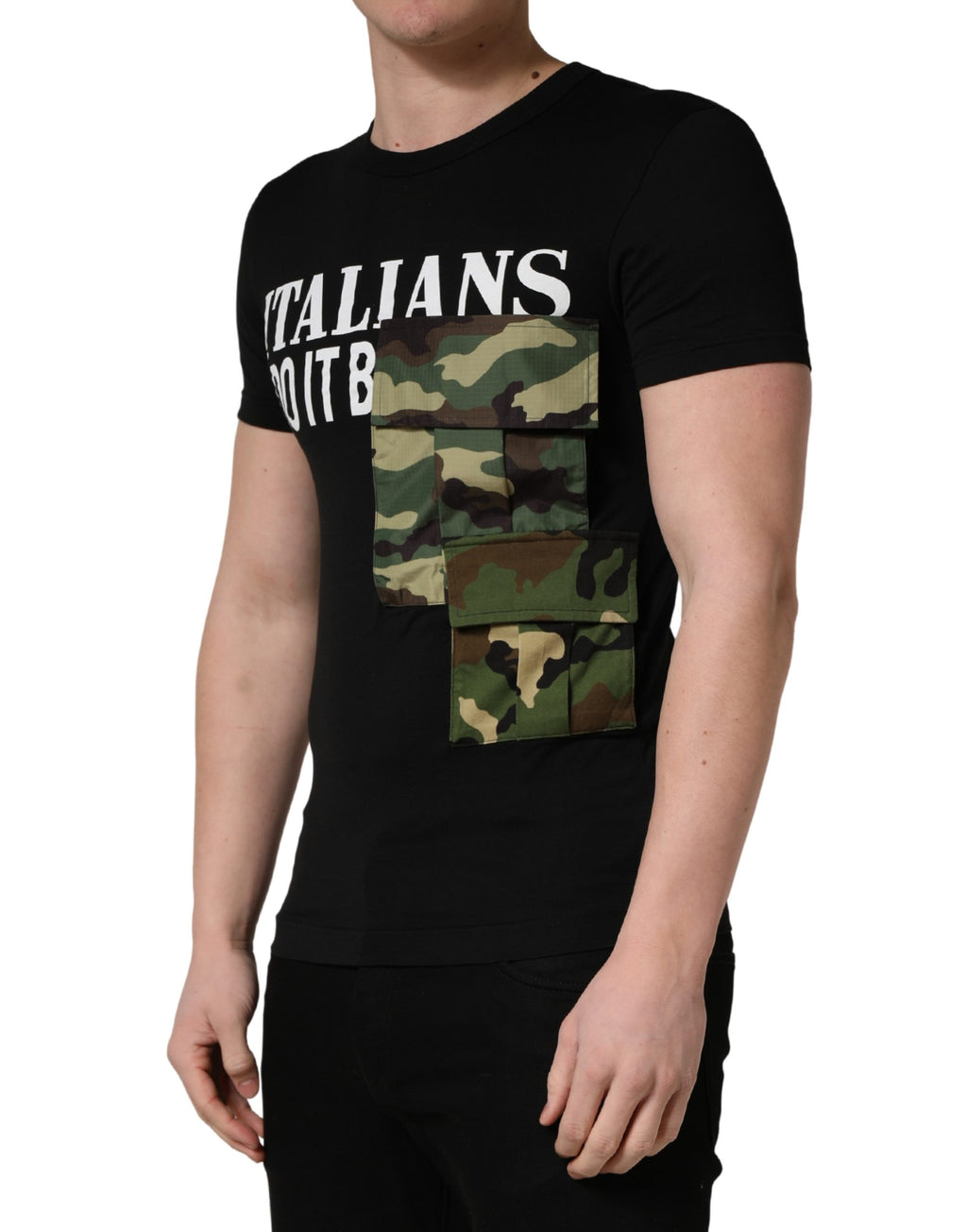 T-shirt noir Dolce & Gabbana avec motif camouflage, poche sur le devant, pour homme, style décontracté.