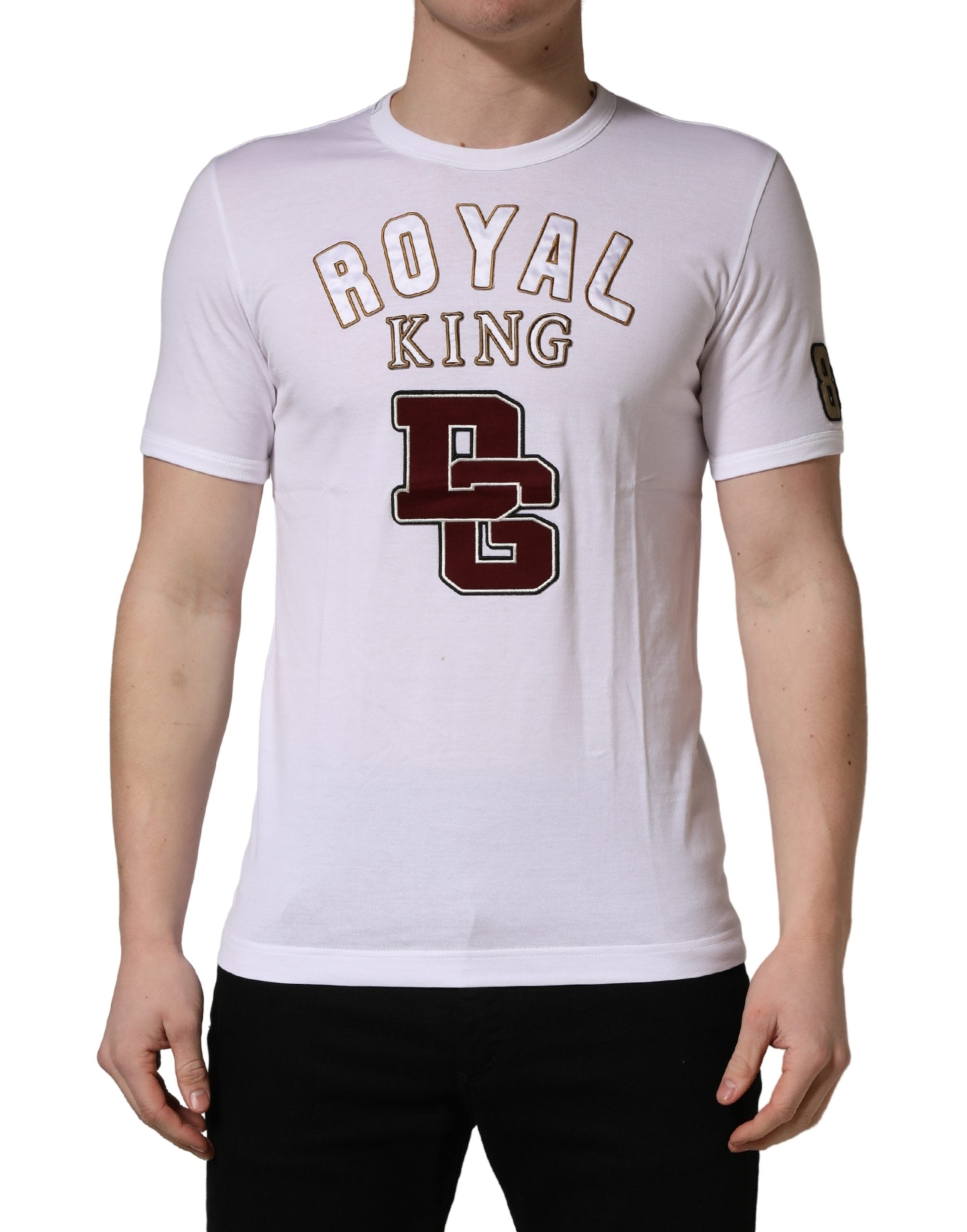 T-shirt blanc Dolce & Gabbana DG King Royal en coton avec col rond, vue rapprochée.