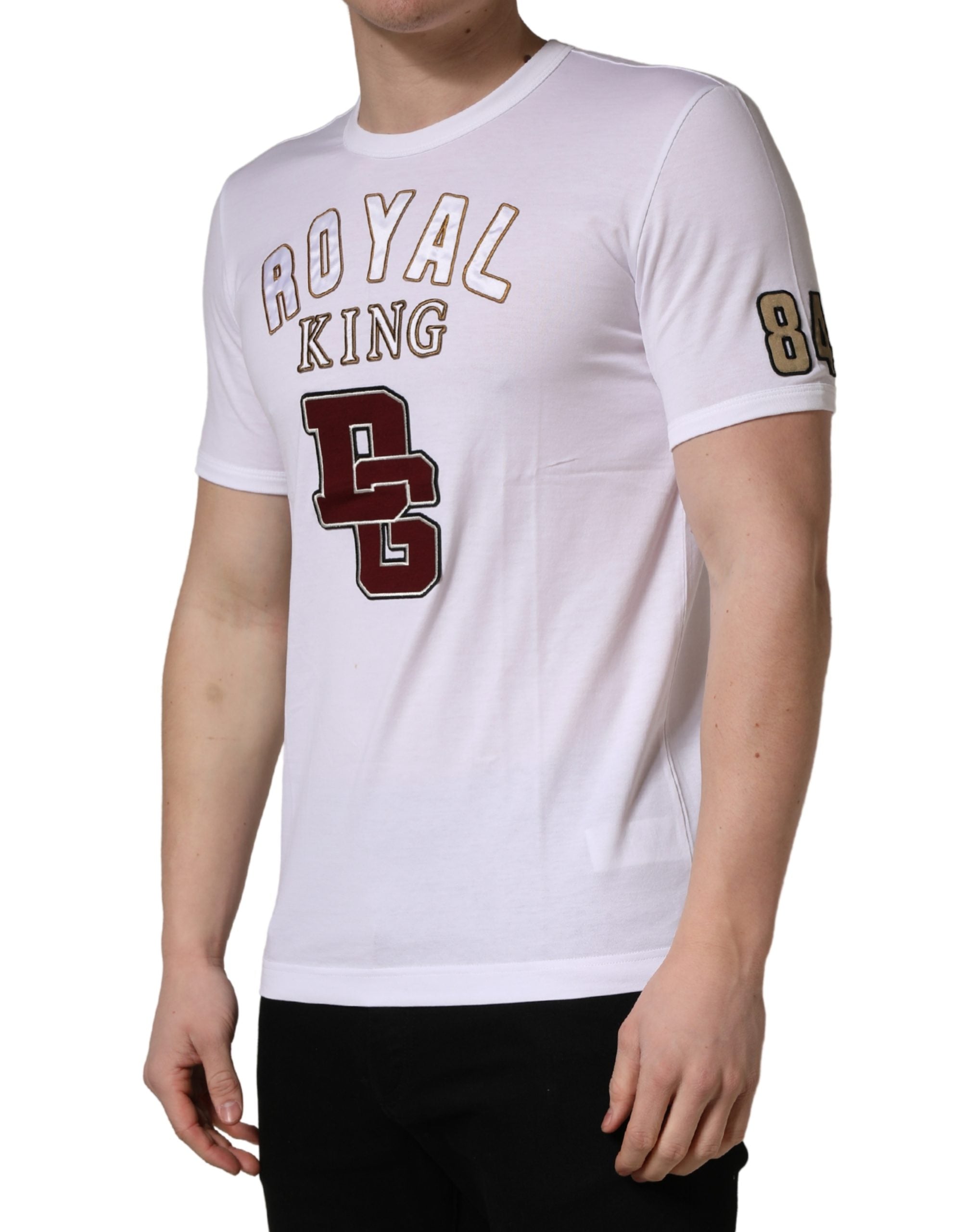 T-shirt blanc Dolce & Gabbana DG King Royal en coton avec col ras du cou, visible en gros plan.