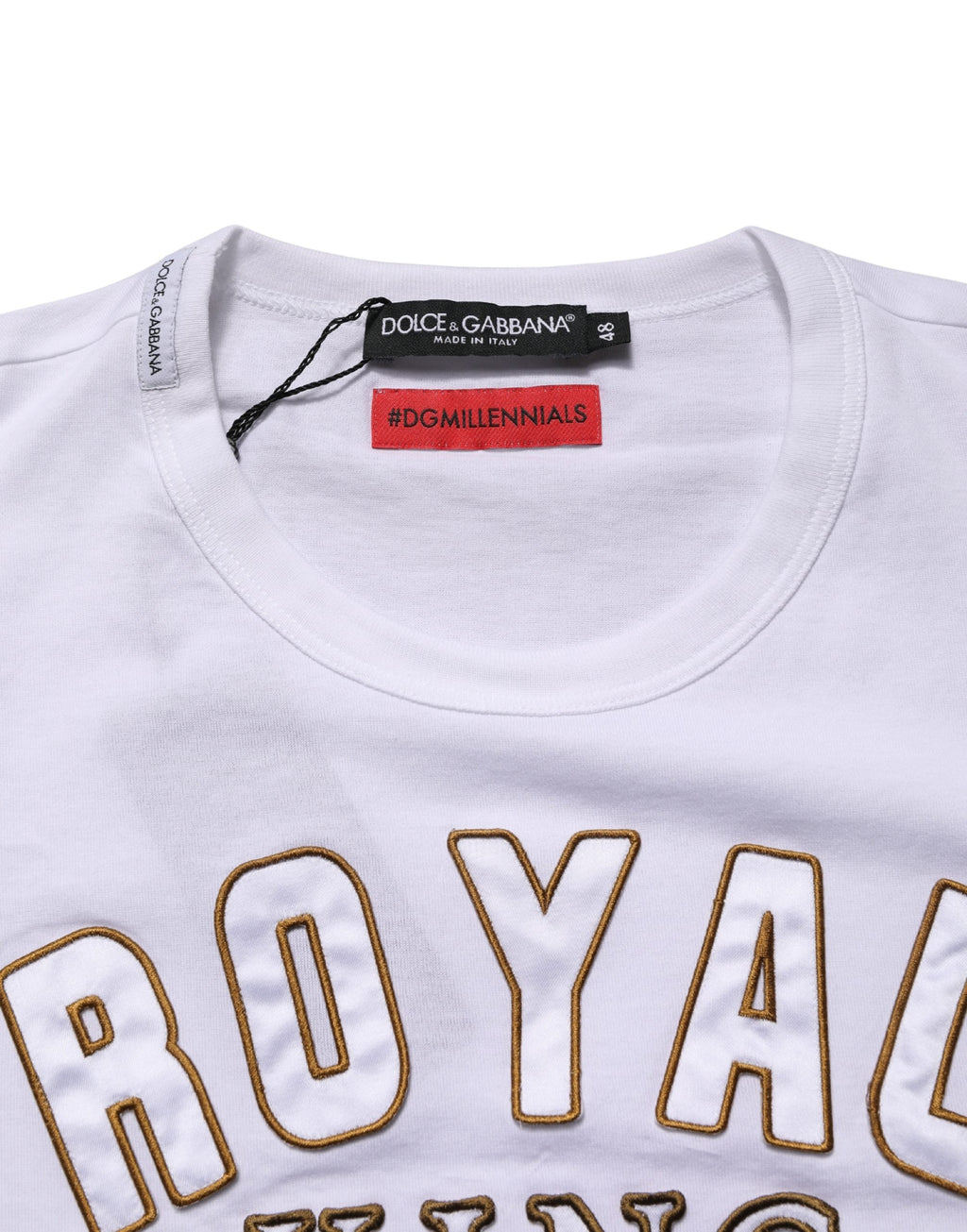 T-shirt blanc Dolce & Gabbana DG King Royal en coton avec col ras du cou, vue de face.