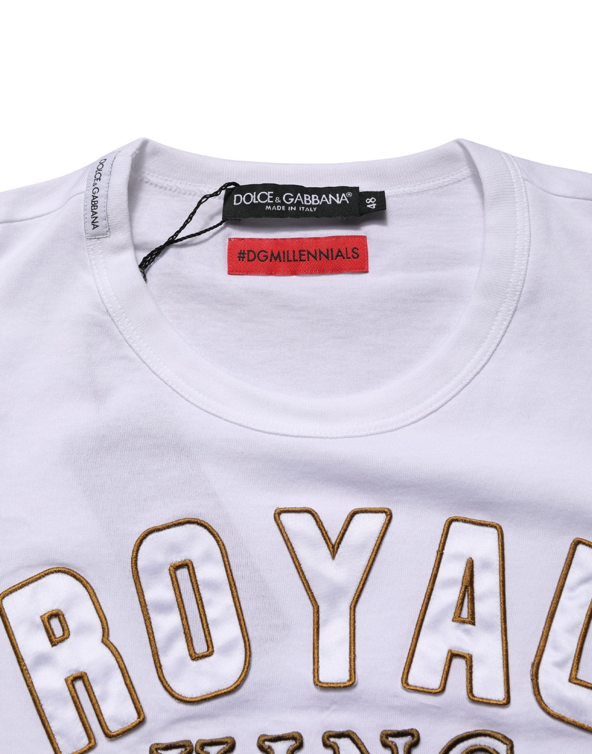 T-shirt blanc Dolce & Gabbana DG King Royal en coton avec col ras du cou, vue de face.