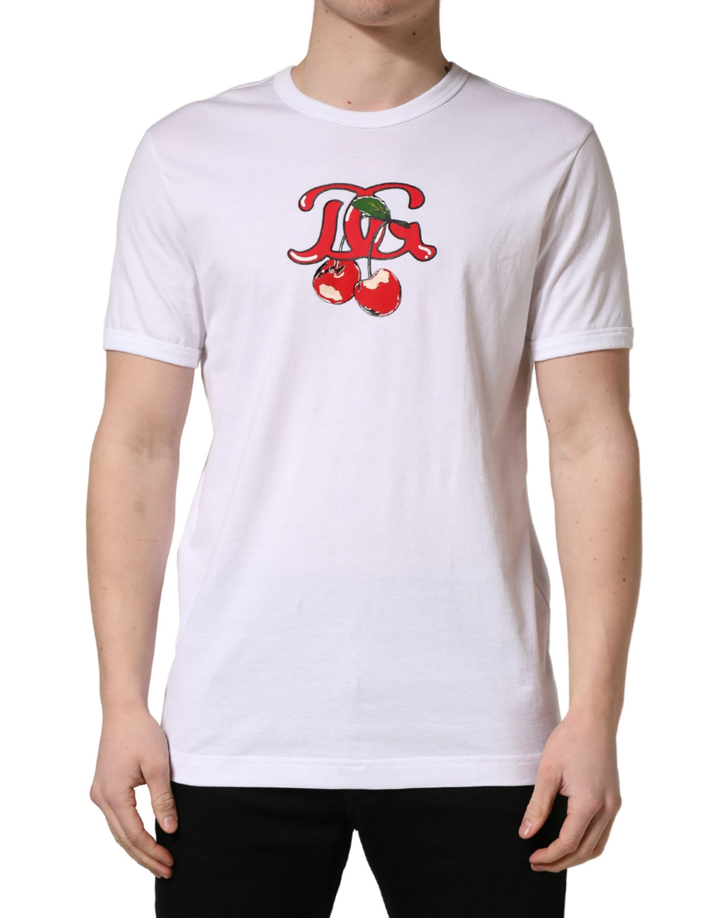 T-shirt blanc Dolce & Gabbana DG Cherries en coton avec col rond, logo discret et motif cerises, vue de face.