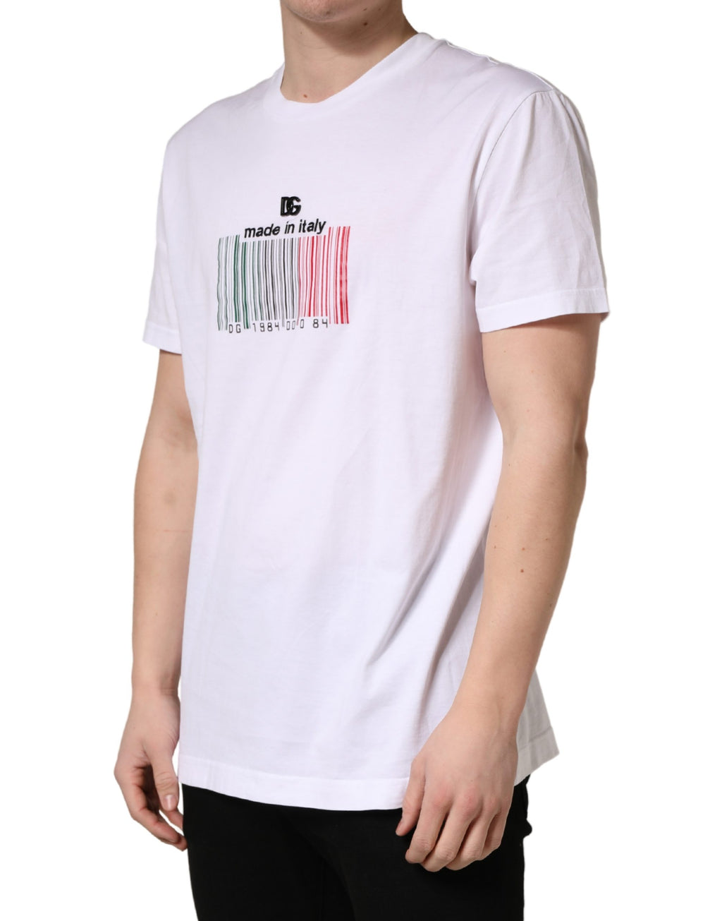 T-shirt blanc pour homme Dolce & Gabbana avec logo barre code en coton, col rond, vue de face.
