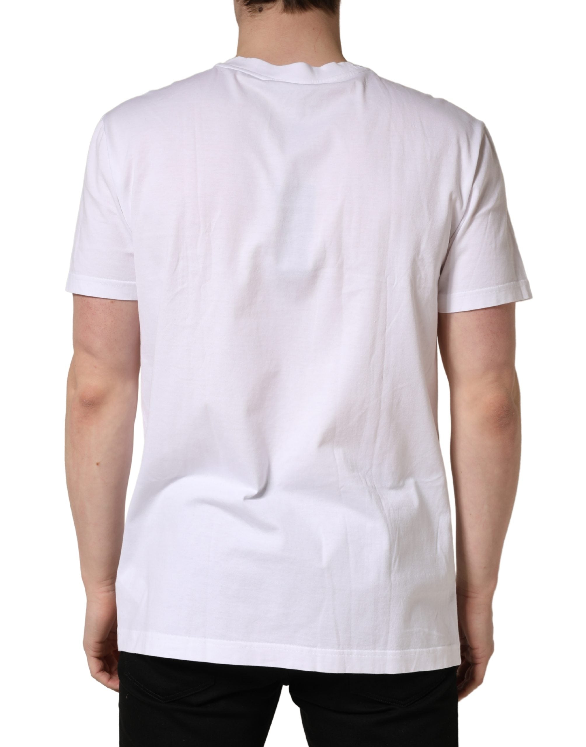 T-shirt blanc Dolce & Gabbana à col rond avec motif à code-barres en coton pour homme, vue de face.