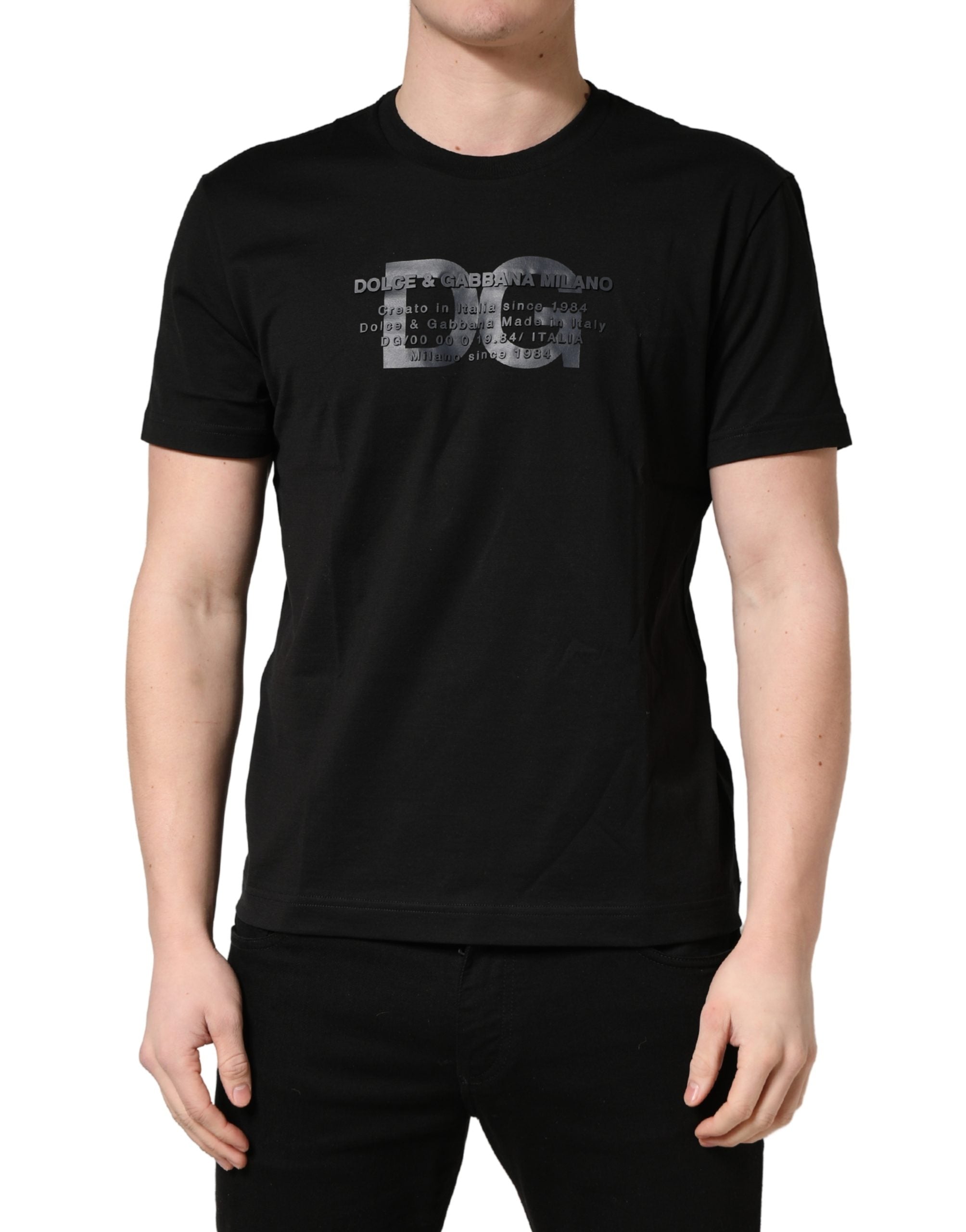 T-shirt à col rond en coton noir Dolce & Gabbana avec logo DG imprimé, style décontracté et moderne.