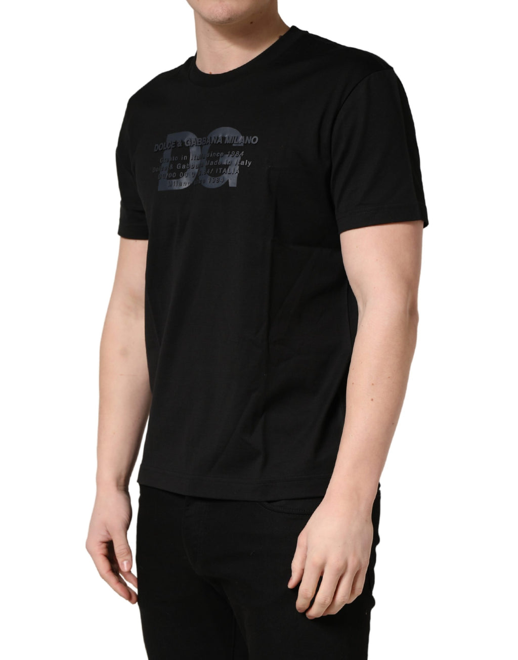 T-shirt en coton noir Dolce & Gabbana avec logo DG imprimé, col ras du cou, style décontracté et moderne.