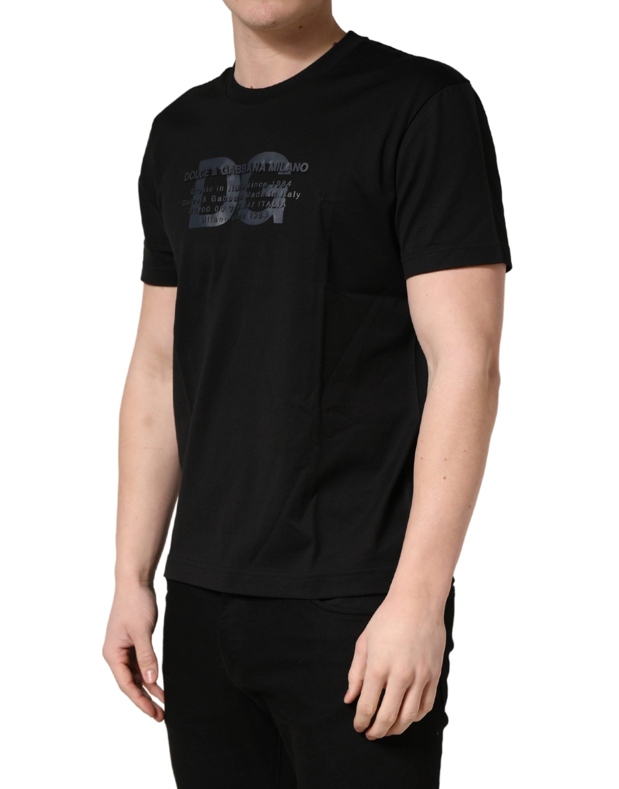 T-shirt en coton noir Dolce & Gabbana avec logo DG imprimé, col ras du cou, style décontracté et moderne.