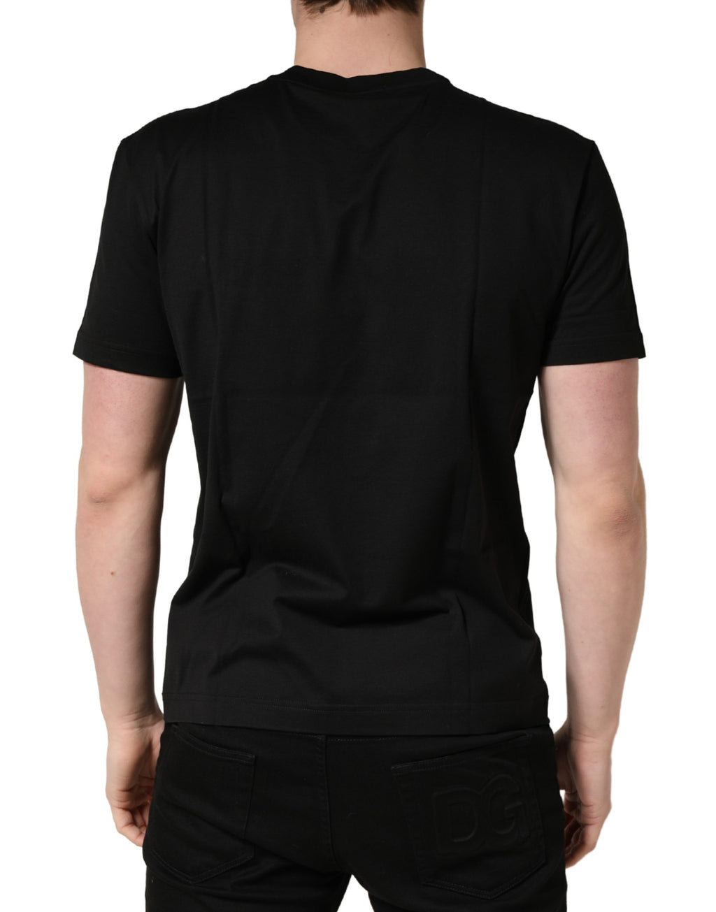 T-shirt en coton noir Dolce & Gabbana avec logo DG imprimé et col rond, vue de face.