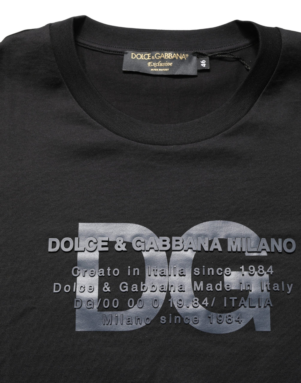 T-shirt en coton noir Dolce & Gabbana avec logo DG imprimé et col rond, vue de face.