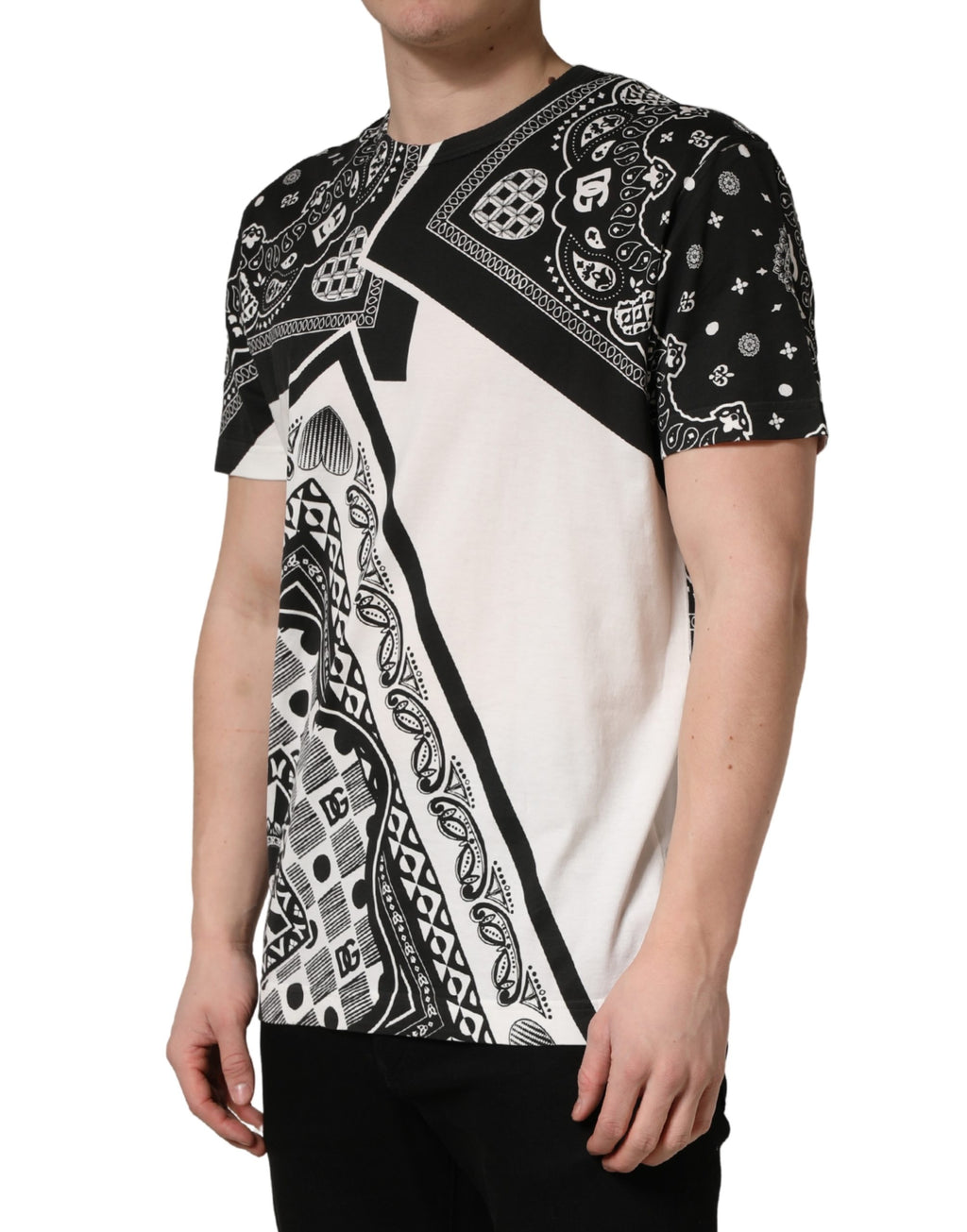 T-shirt Dolce & Gabbana à col rond, en coton noir et blanc avec bandana, style décontracté et élégant.