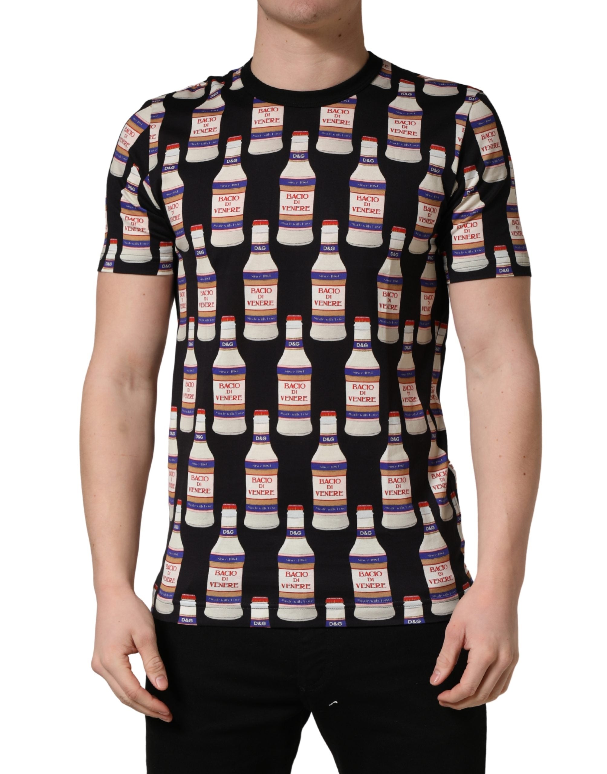 T-shirt en coton noir Dolce & Gabbana avec impression de bouteille, col rond et design élégant.