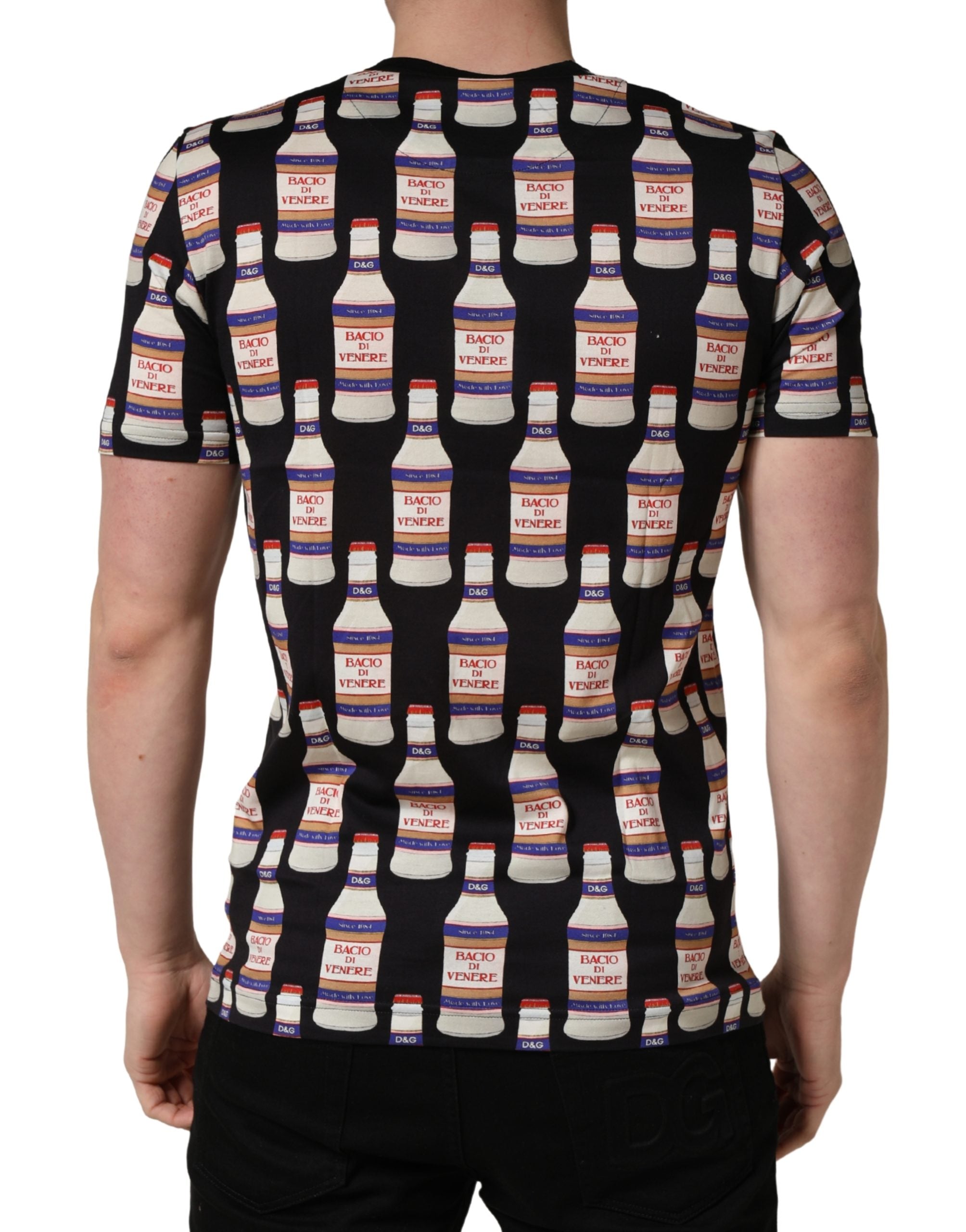 T-shirt en coton noir Dolce & Gabbana avec imprimé bouteille, col rond, style décontracté et moderne.