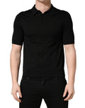 Polo homme à manches courtes en laine noire de Dolce & Gabbana, détail du col et logo sur la poitrine.