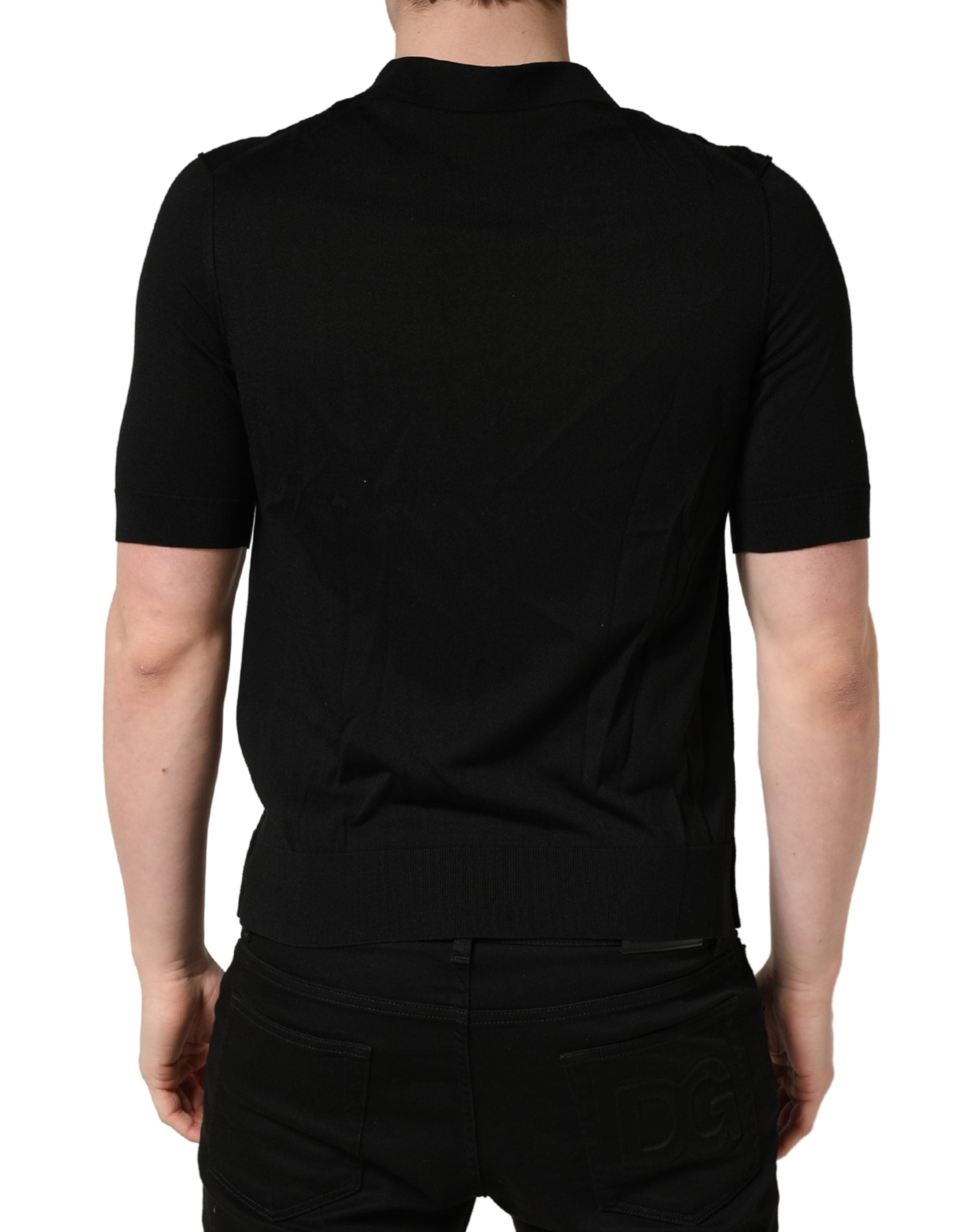 Polo pour homme Dolce & Gabbana en laine noire à manches courtes, style élégant et classique.