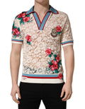 T-shirt polo Dolce & Gabbana beige avec motifs floraux et détails en dentelle, style tennis club, vue de face.