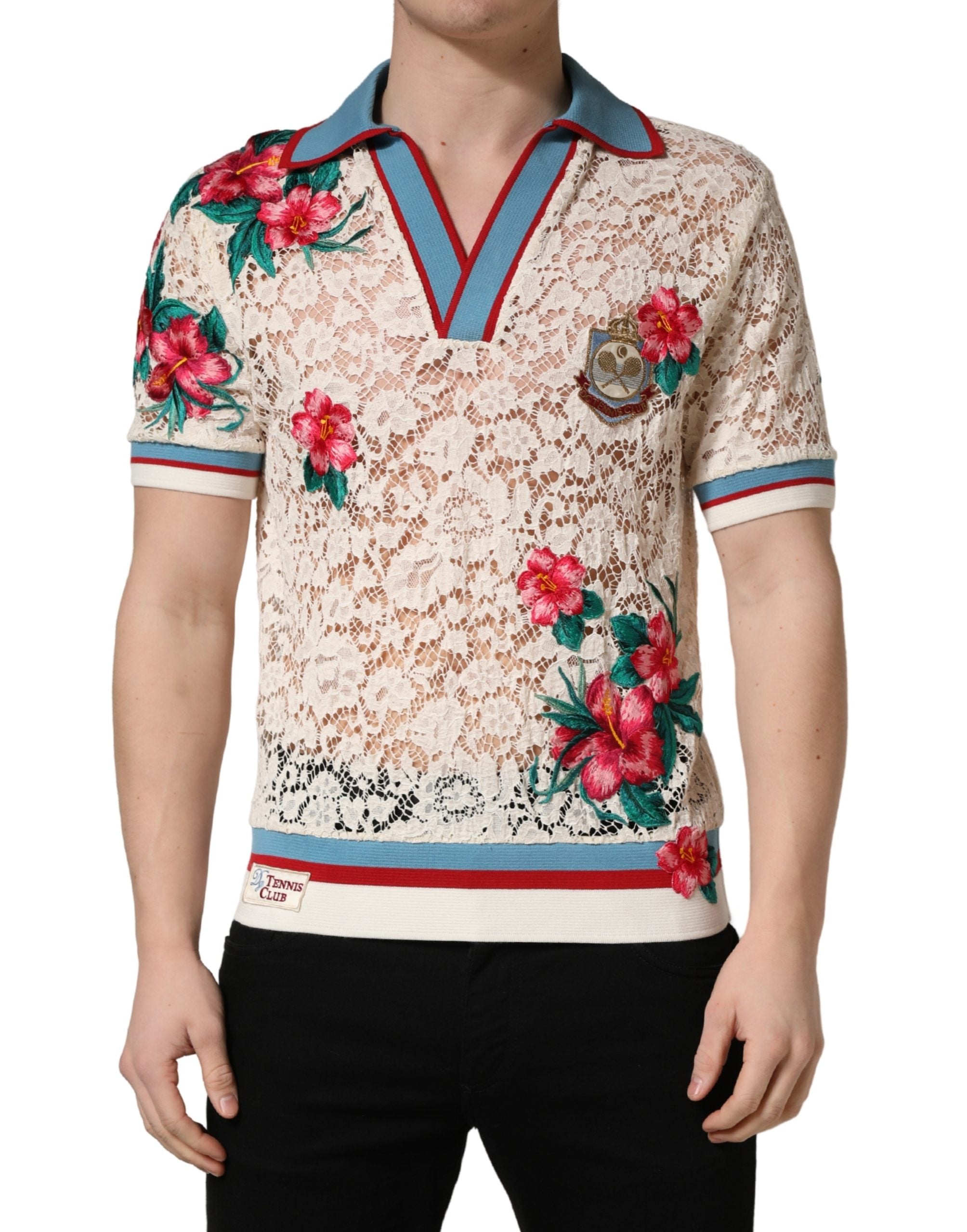 T-shirt polo Dolce & Gabbana beige avec motifs floraux et détails en dentelle, style tennis club, vue de face.