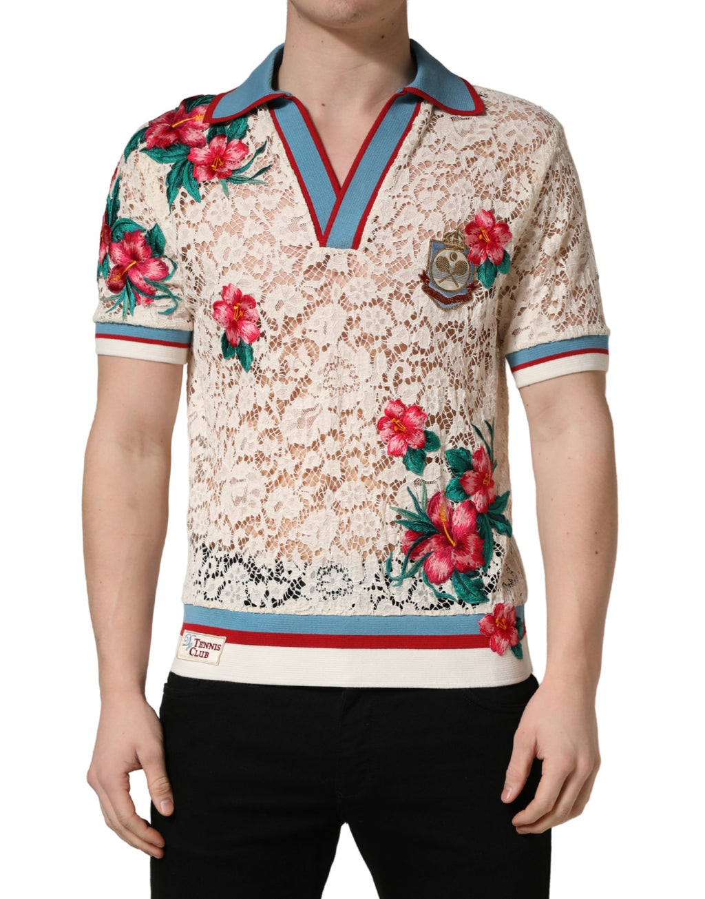 T-shirt polo Dolce & Gabbana beige à fleurs et dentelle, style tennis club, vue de face avec détails floraux et broderies.