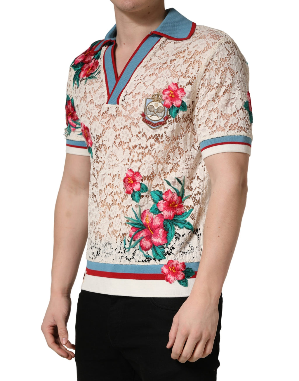 Polo en dentelle beige à fleurs Dolce & Gabbana Tennis Club, t-shirt élégant avec motif floral et col classique.