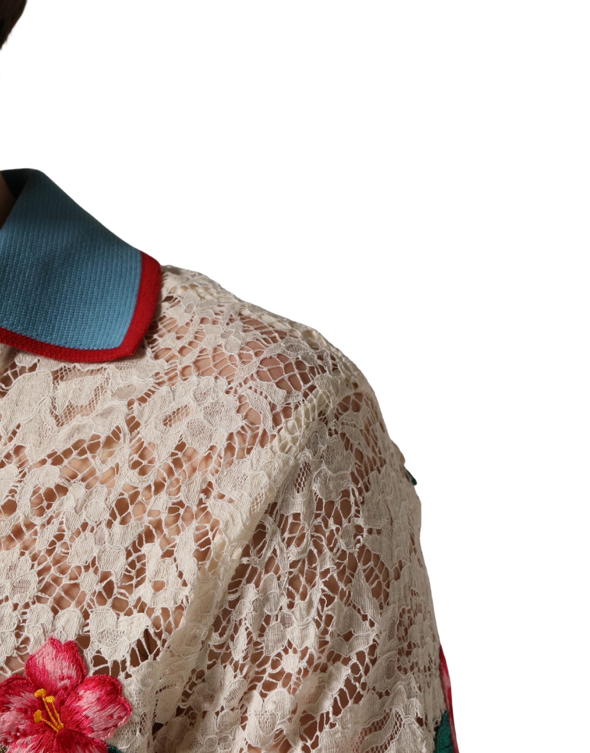 Polo en dentelle beige avec motif floral Dolce & Gabbana Tennis Club, t-shirt élégant pour femme.