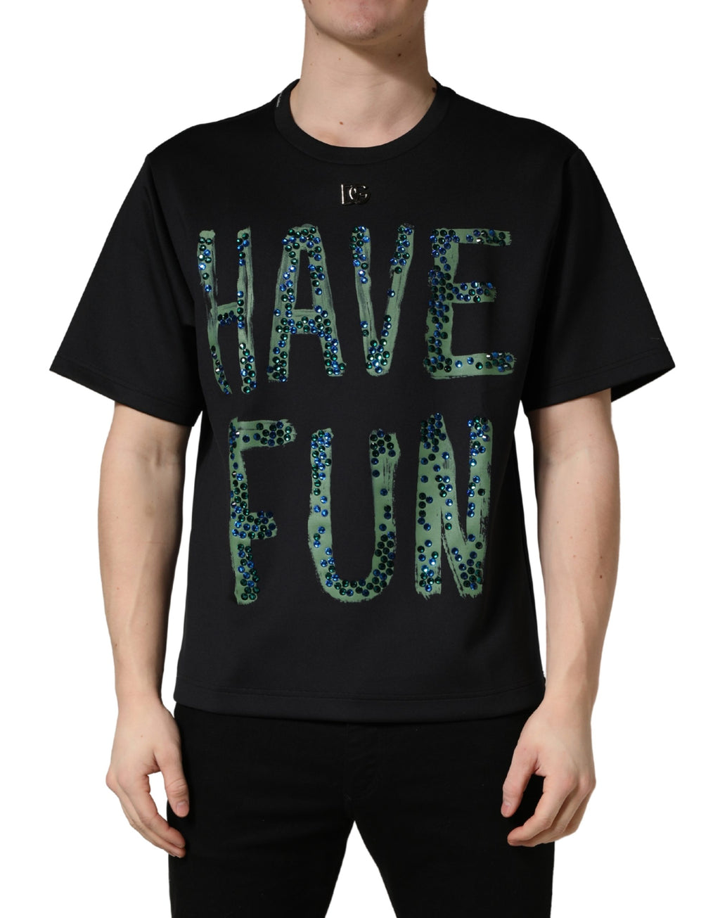 T-shirt noir Dolce & Gabbana Have Fun à col rond avec embellissements et logo visible sur le devant.