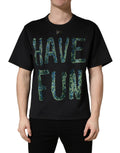 T-shirt noir Dolce & Gabbana Have Fun à col rond avec embellissements et logo visible sur le devant.