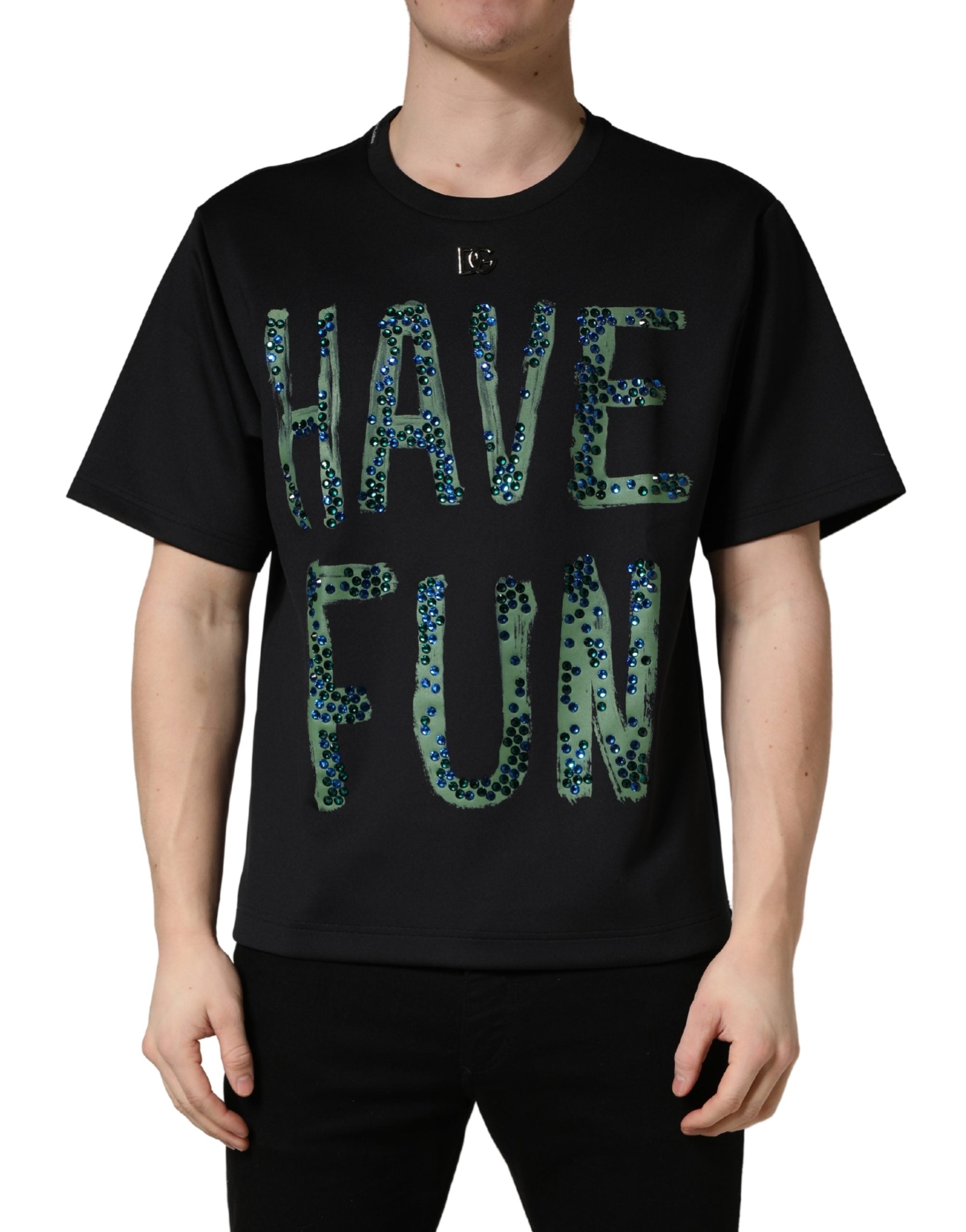 T-shirt à col rond noir Dolce & Gabbana Have Fun avec embellissements, vue de face.