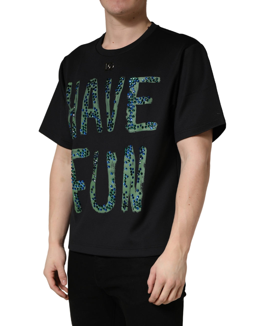 T-shirt noir Dolce & Gabbana Have Fun à manches courtes avec ornements, col ras du cou, style décontracté et motifs décoratifs.