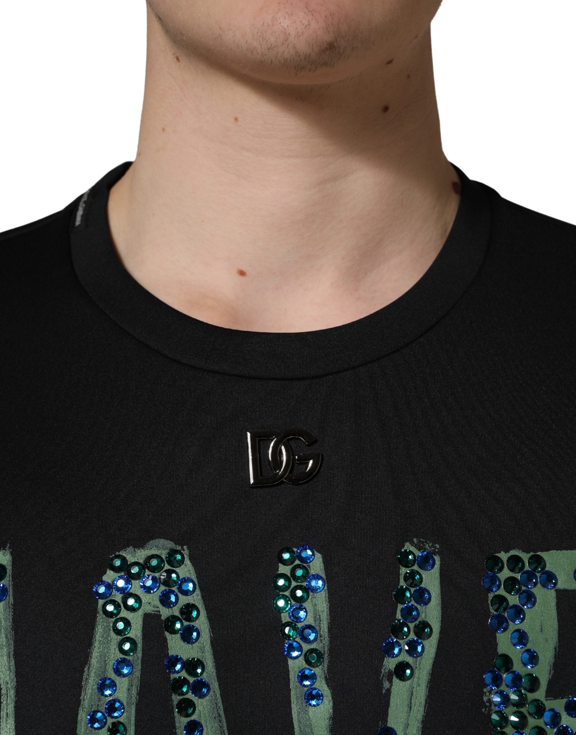 T-shirt noir Dolce & Gabbana Have Fun avec embellissements, col rond, style décontracté et détails brillants.