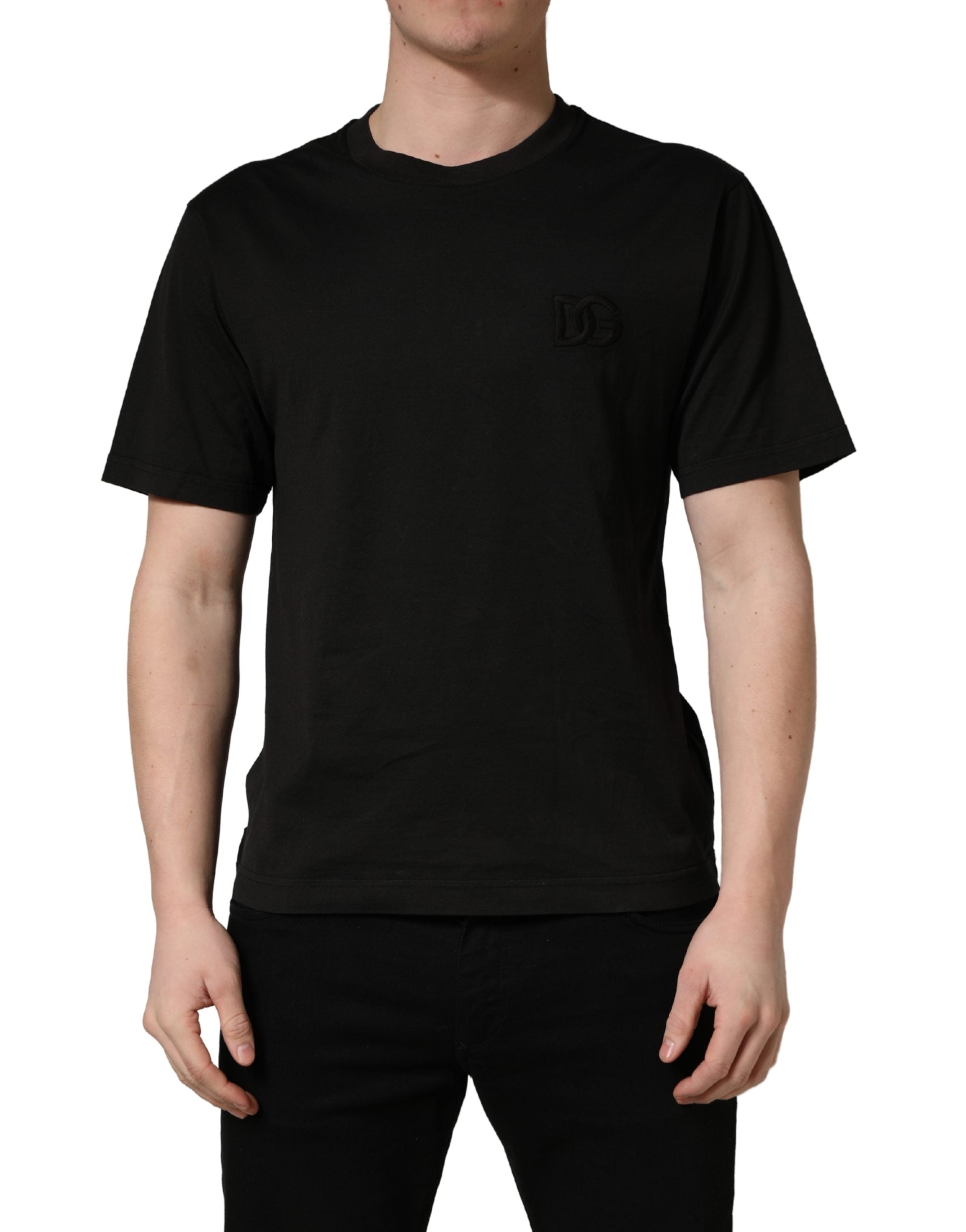 T-shirt noir à manches courtes et col rond Dolce & Gabbana en coton, vue de face, détails du tissu et design simple.