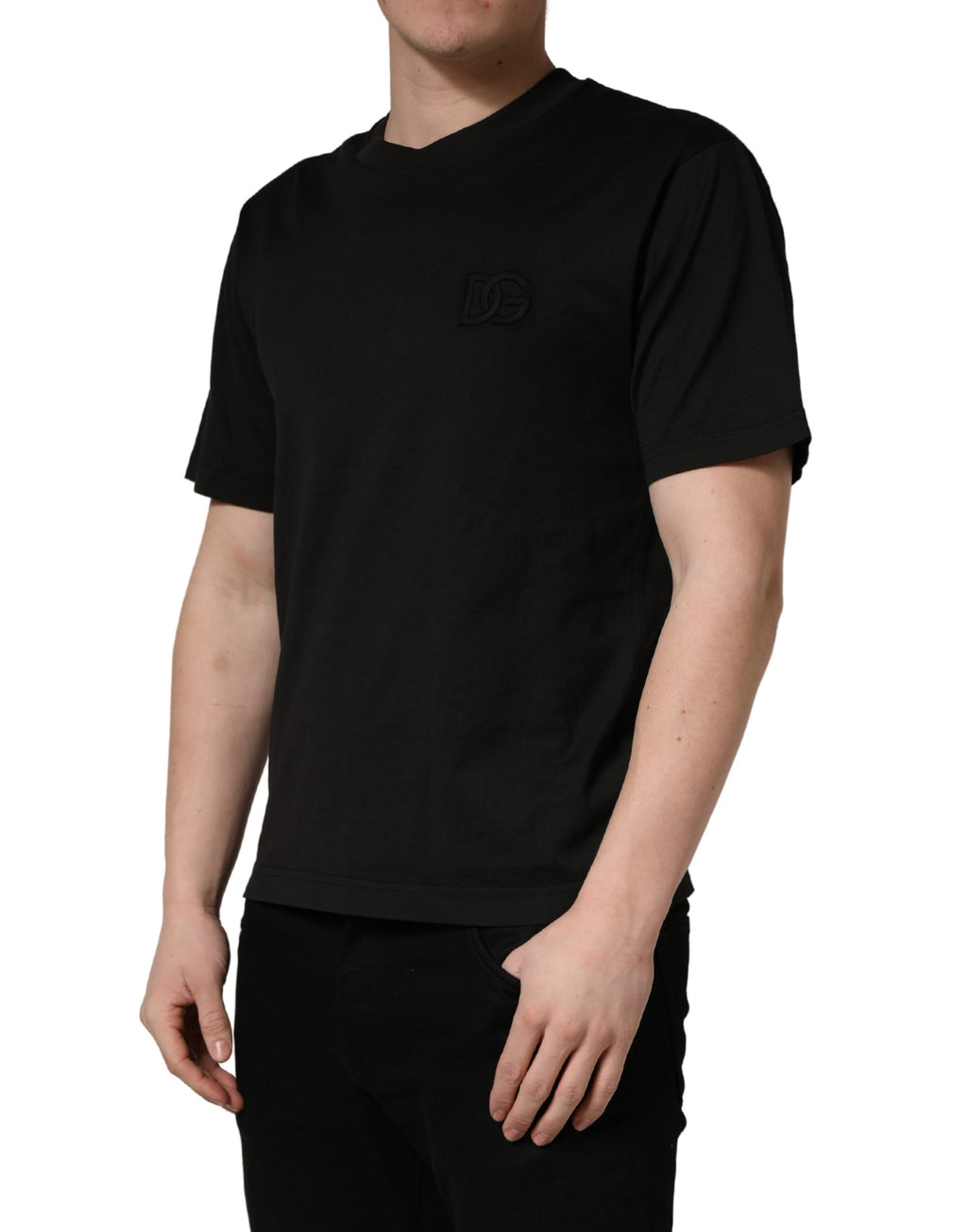 T-shirt noir en coton à manches courtes et col rond de Dolce & Gabbana, vue de face.