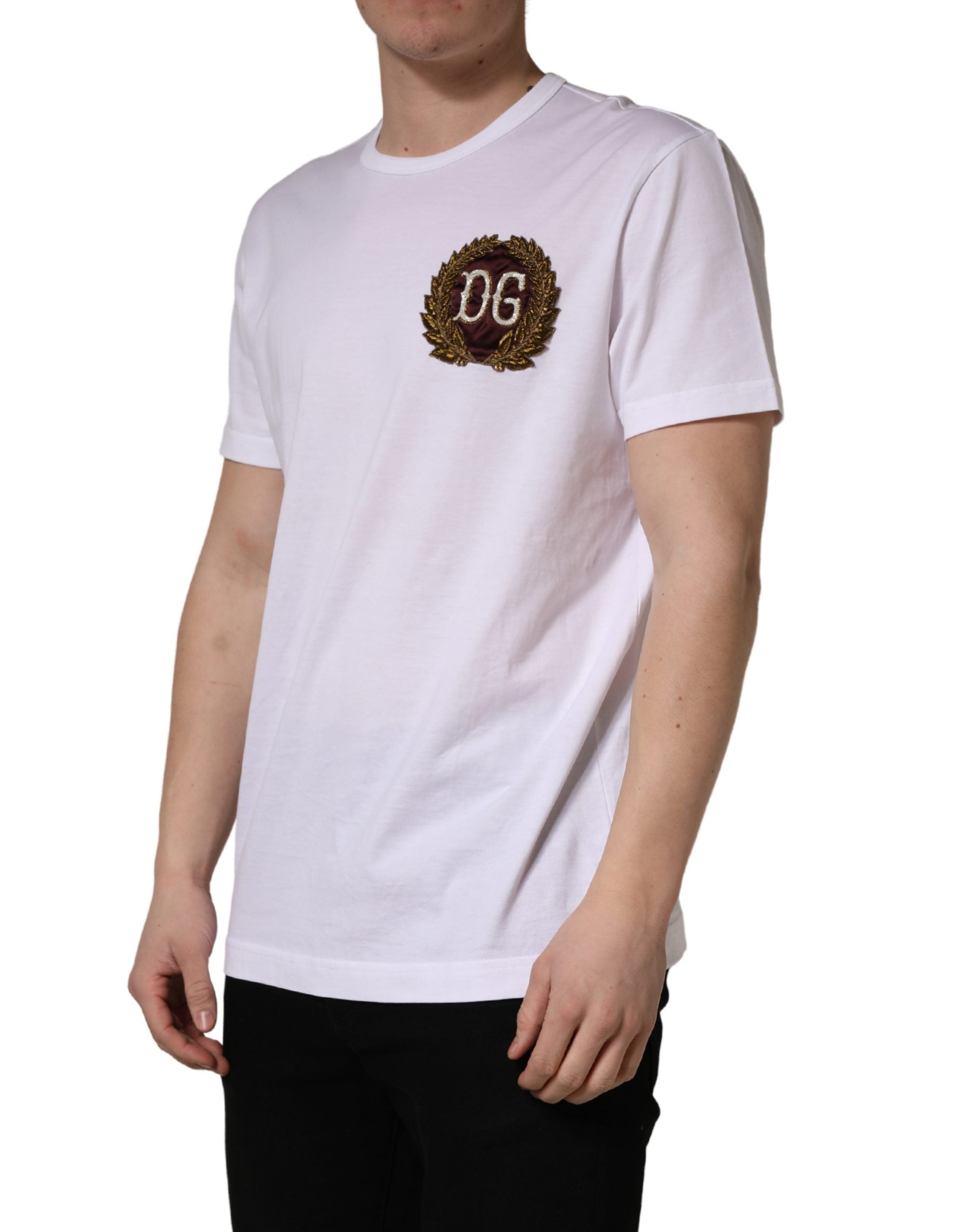 T-shirt blanc Dolce & Gabbana DG Leaf avec broderie à col rond, mode décontractée élégante, vue de face.