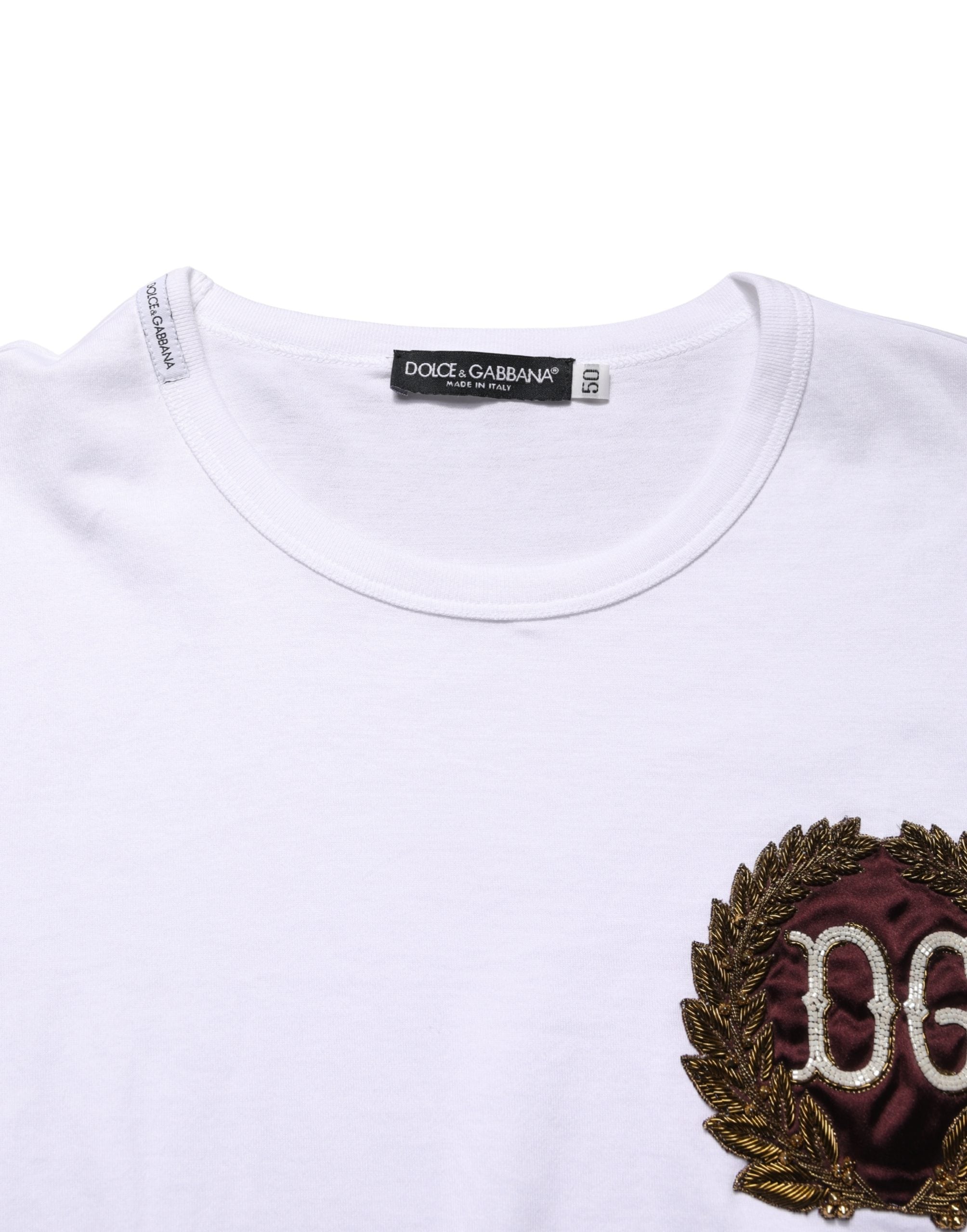 T-shirt blanc Dolce & Gabbana avec broderie de feuilles DG, col rond et style décontracté.