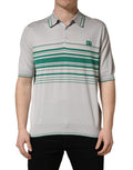 Polo en soie gris et vert à rayures avec logo Dolce & Gabbana, manches courtes et col classique.