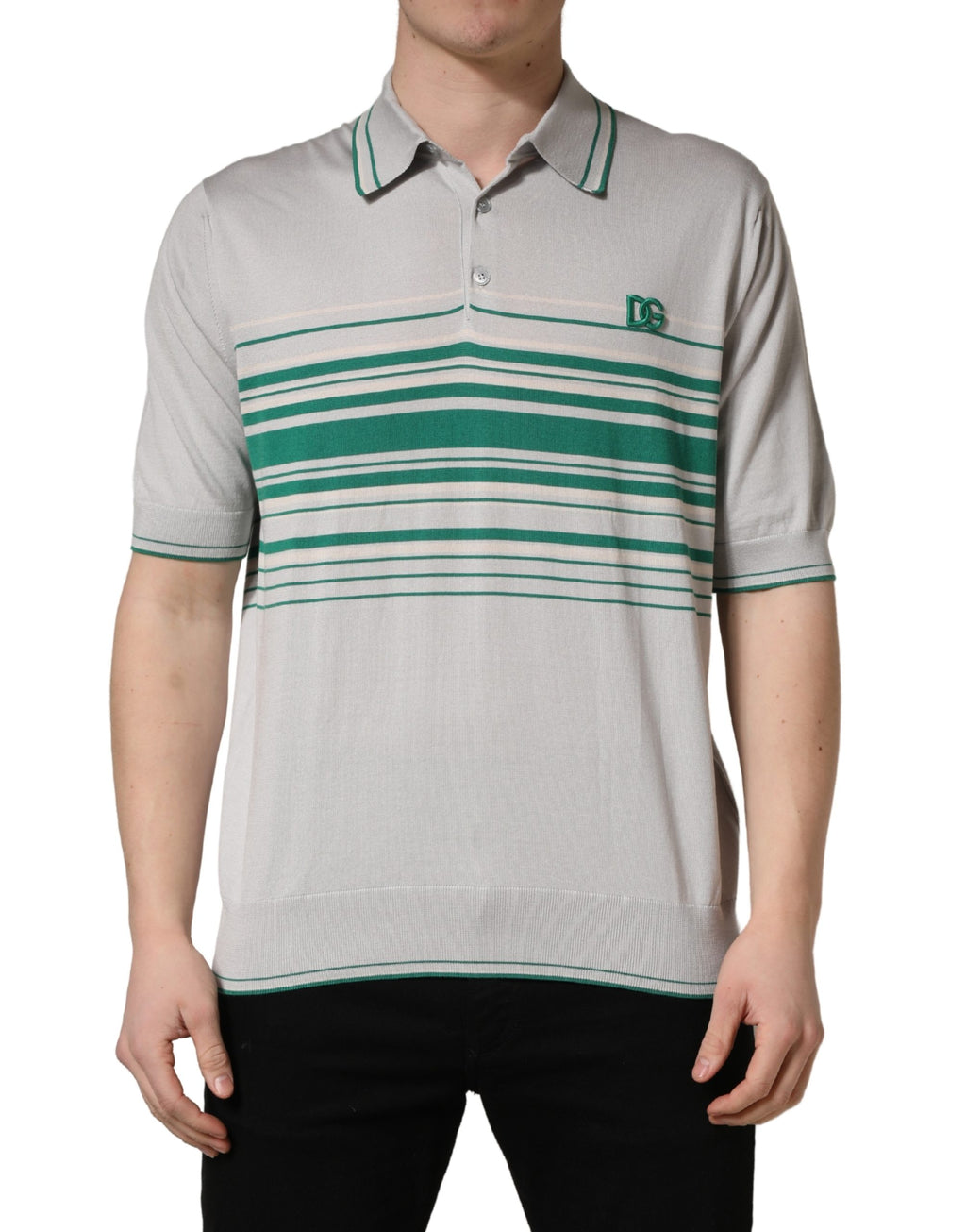 Polo en soie gris vert à rayures avec logo Dolce & Gabbana, t-shirt élégant pour homme.