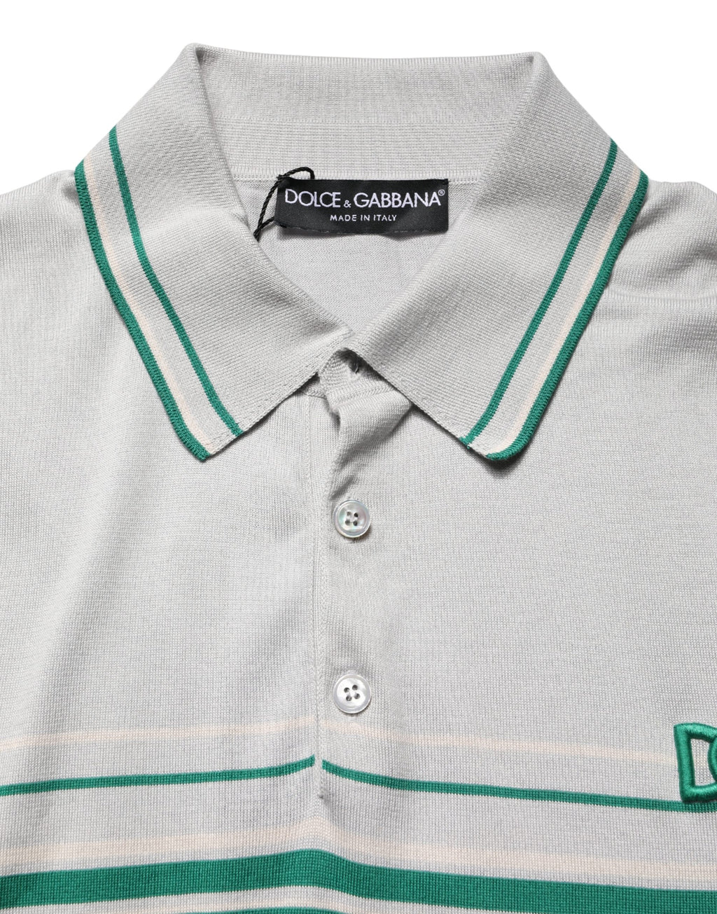 Polo en soie gris vert à rayures avec logo Dolce & Gabbana, t-shirt élégant pour homme.