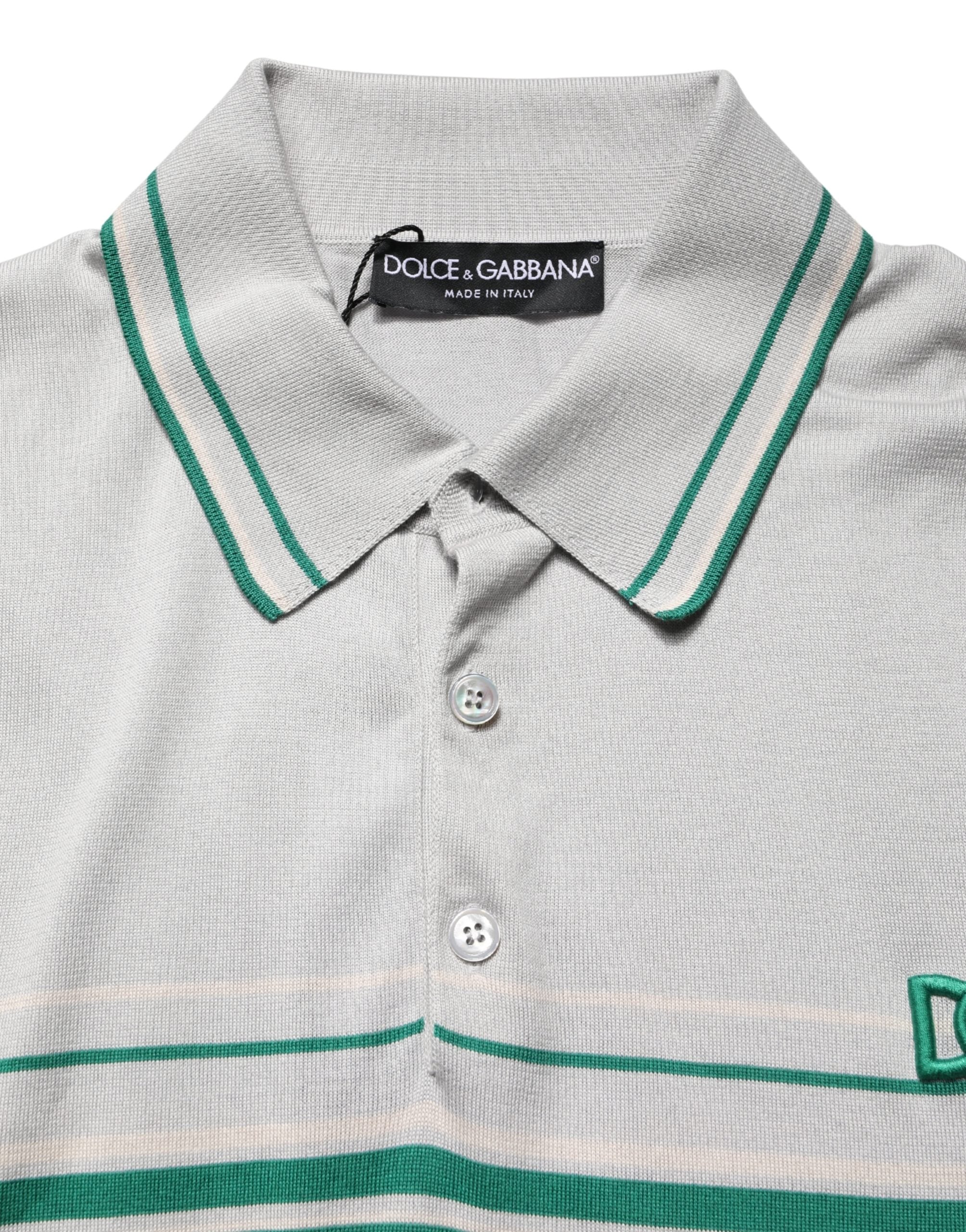 Polo en soie gris vert à rayures avec logo Dolce & Gabbana, t-shirt élégant pour homme.