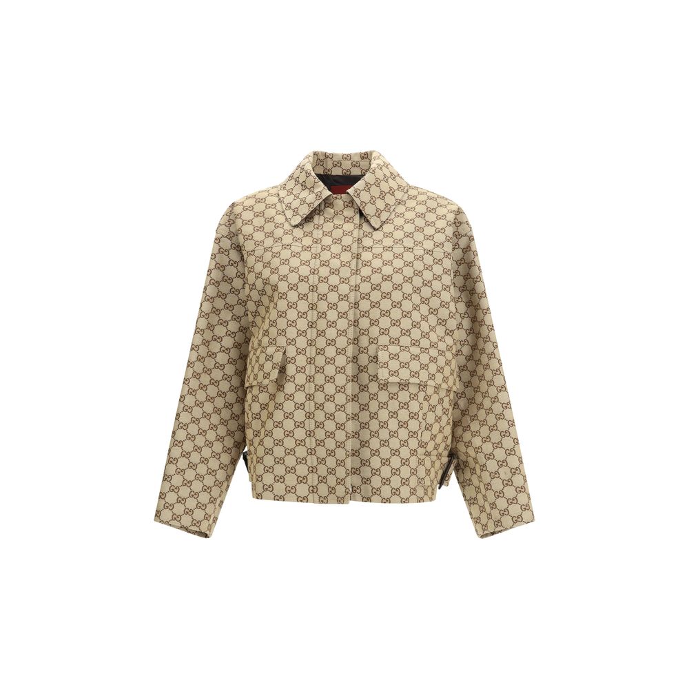 Veste bomber en coton beige de Gucci, coupe élégante et détails raffinés, vue de face sur fond neutre.