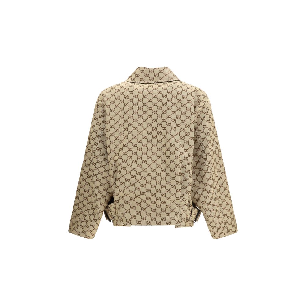 Veste bomber en coton beige Gucci, style décontracté avec détails de marque, vue de face sur fond neutre.