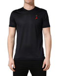 T-shirt homme en soie bleu foncé Dolce & Gabbana avec logo DG, col rond, motif élégant et confortable.