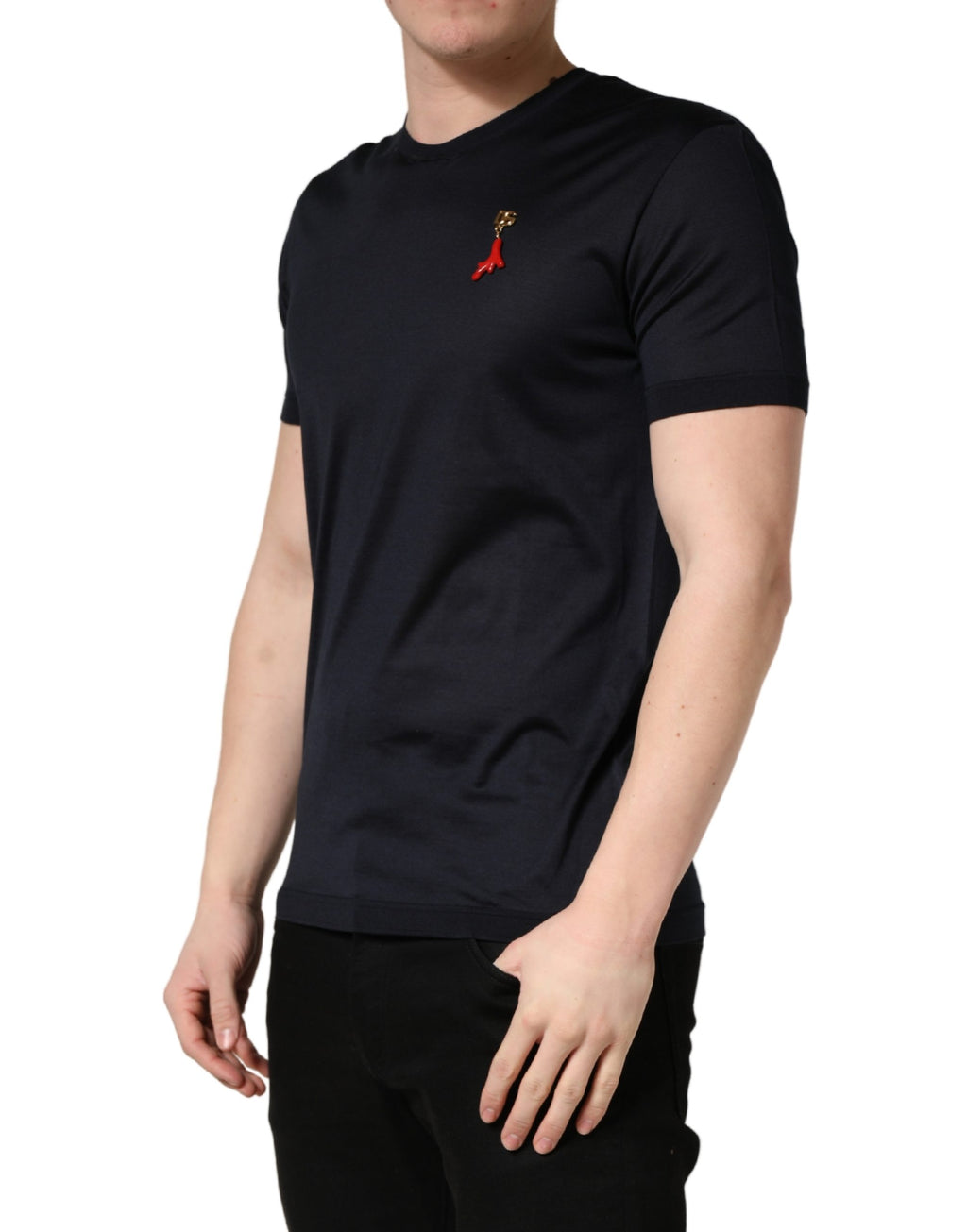 T-shirt homme en soie bleue foncée à logo DG de Dolce & Gabbana, col ras du cou, design élégant et moderne.
