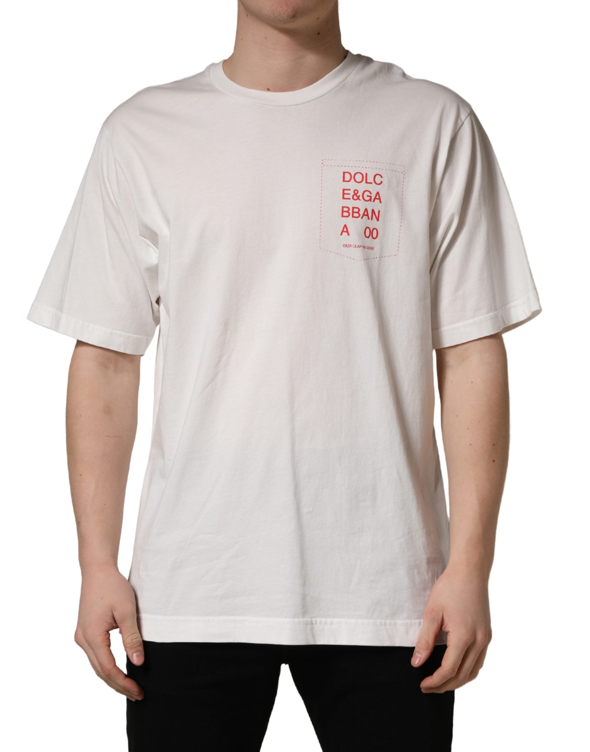T-shirt blanc Dolce & Gabbana à motif graphique en coton avec col rond, vue de face sur fond neutre.