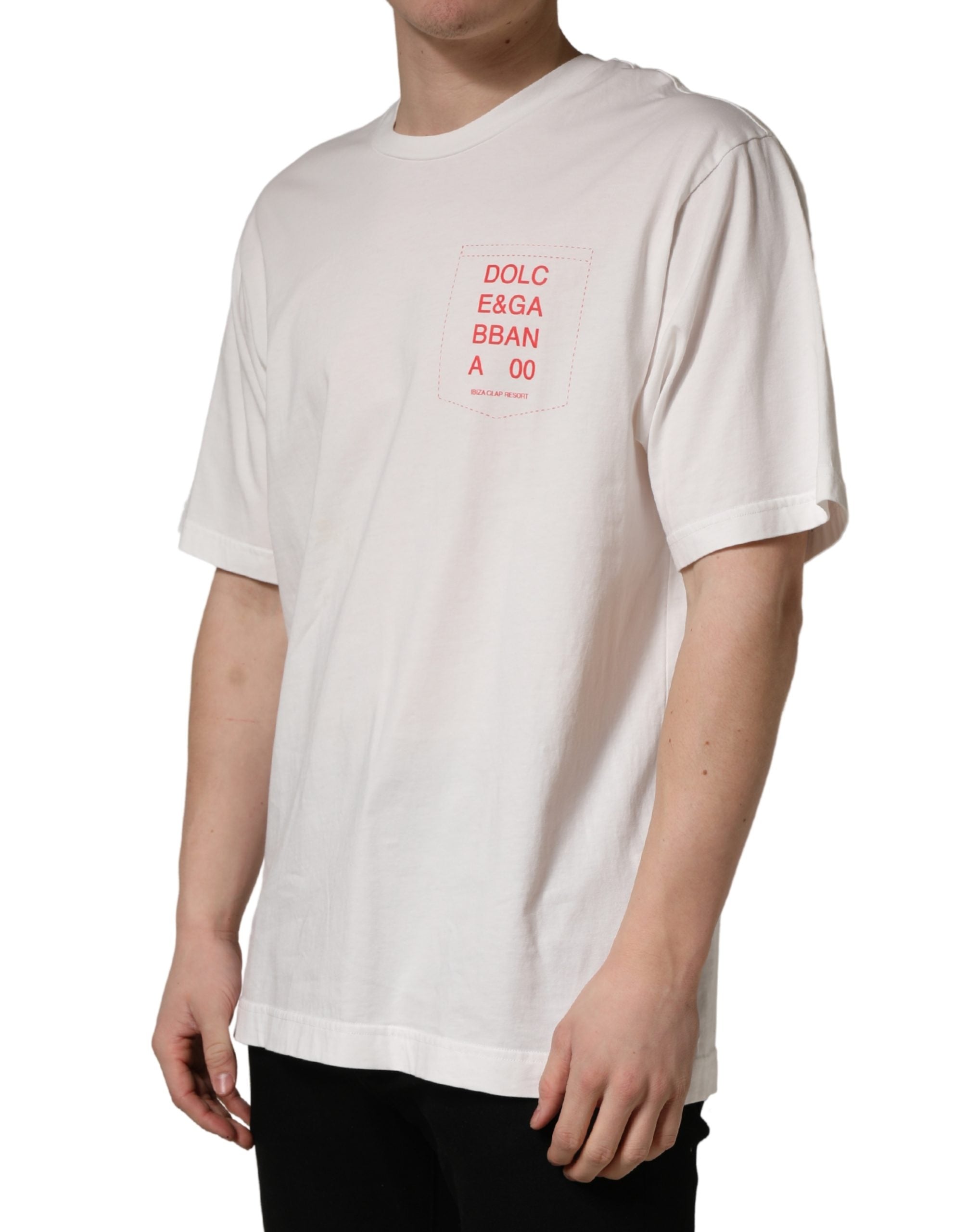 T-shirt blanc en coton avec imprimé graphique Dolce & Gabbana, col rond, style décontracté et moderne.