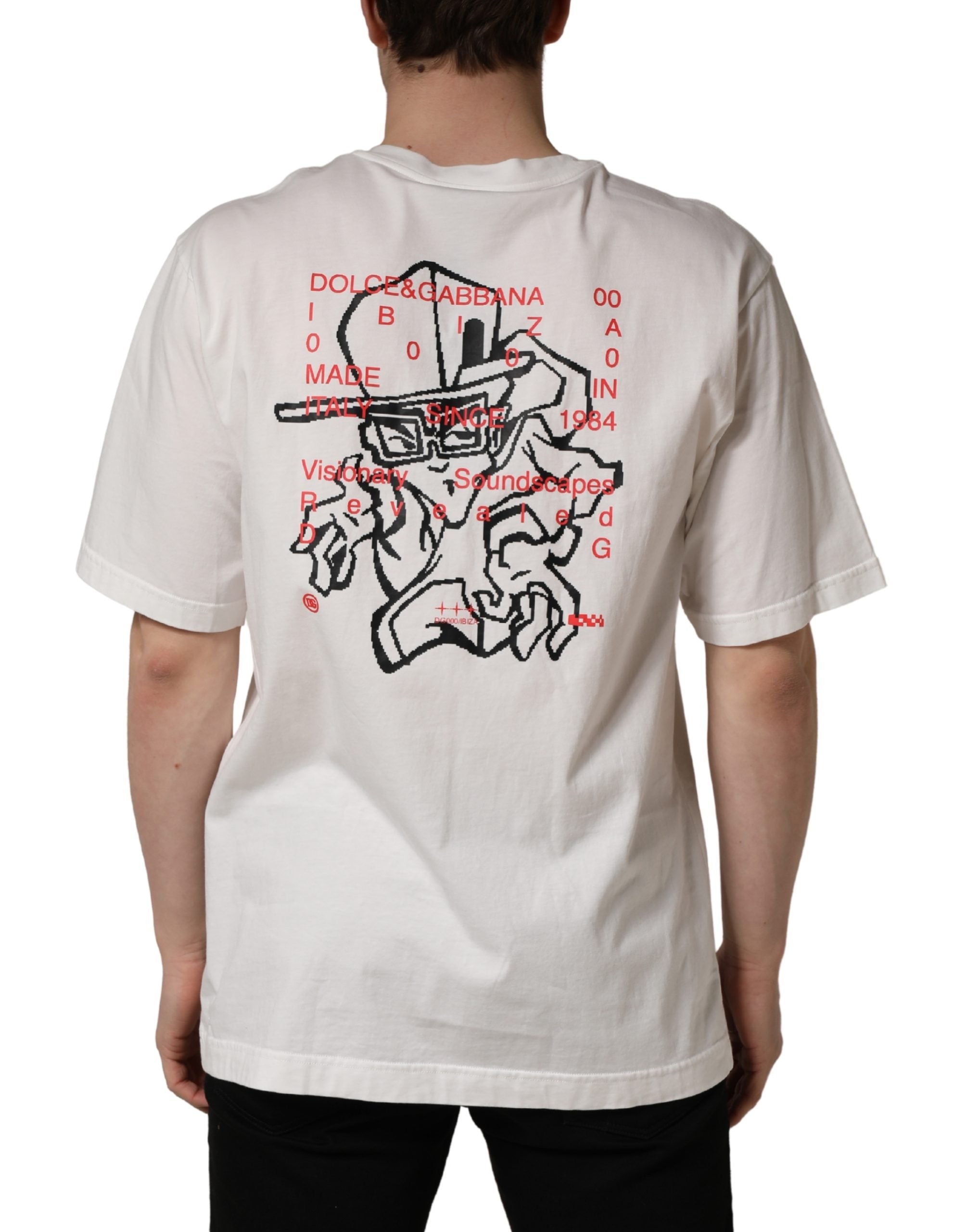 T-shirt blanc Dolce & Gabbana en coton avec imprimé graphique, col rond et coupe décontractée.