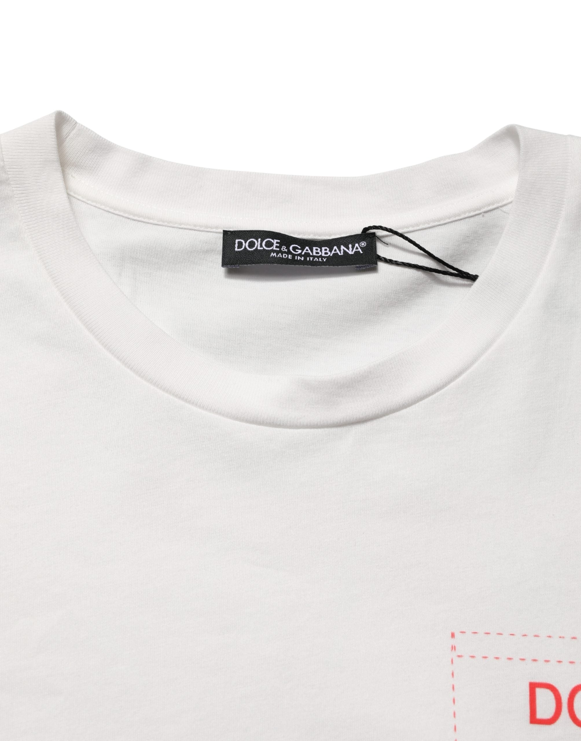 T-shirt en coton blanc Dolce & Gabbana avec impression graphique, col rond, style décontracté et moderne.