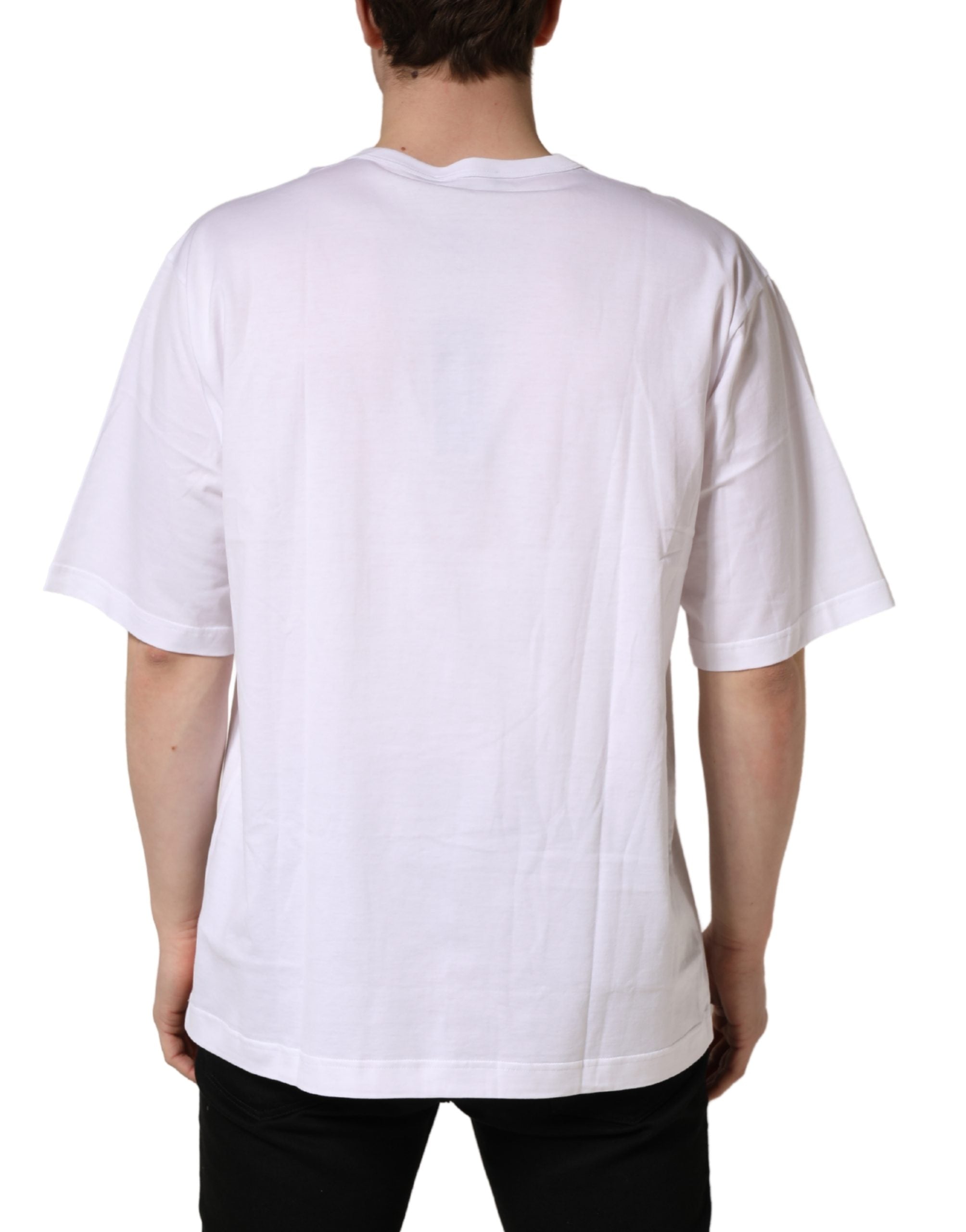 T-shirt blanc en coton à manches courtes et col rond de Dolce & Gabbana, vue de face, détails du tissu visible.
